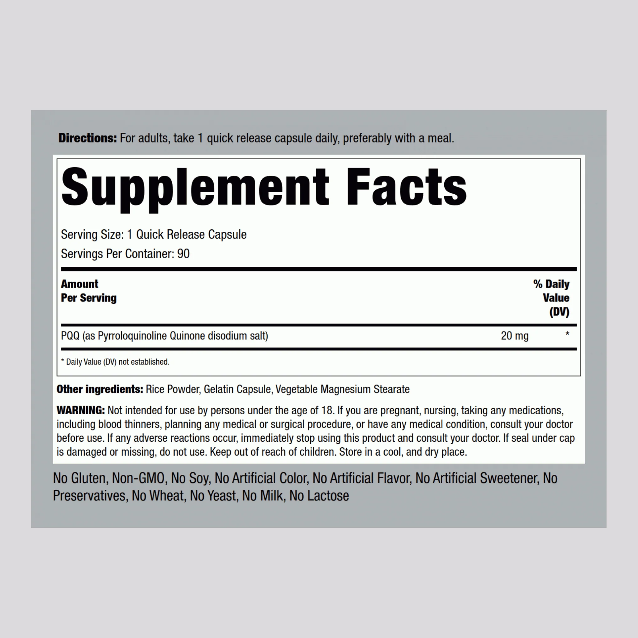 PQQ Pyrroloquinoline Quinone, 20 mg, 90 Quick Release Capsules, 2  Bottles - Image 2