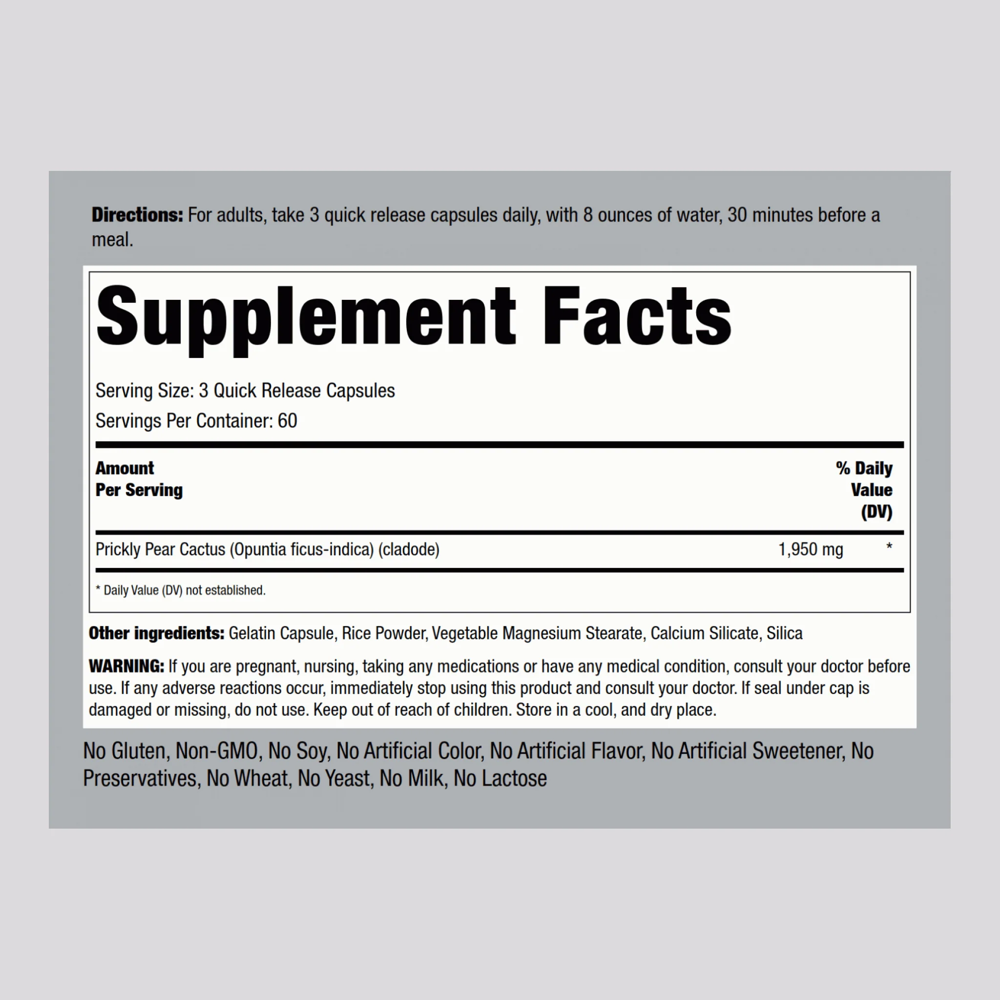 Prickly Pear Nopal Cactus (Opuntia ficus-indica), 1950 mg (per serving), 180 Quick Release Capsules - Image 2