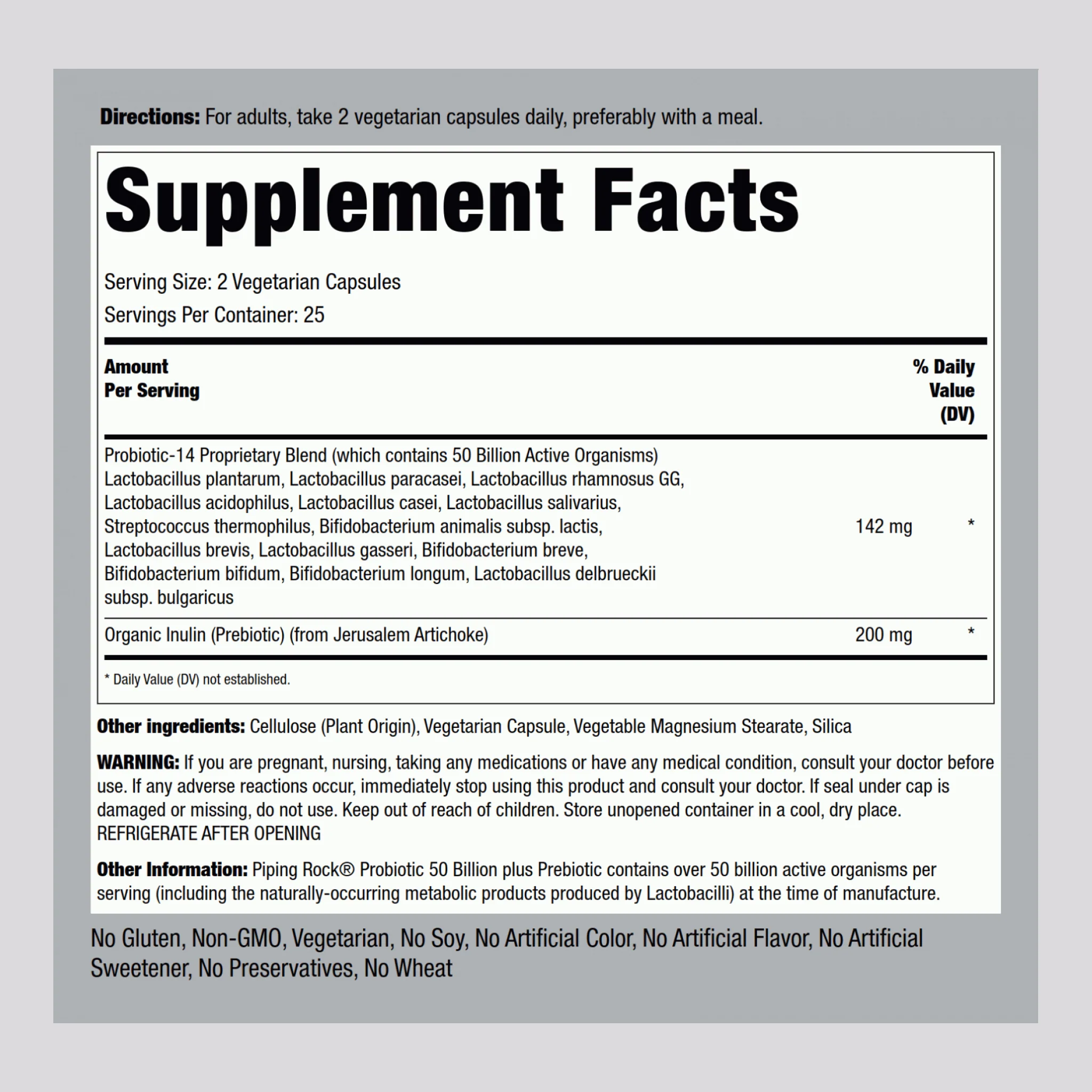 Probiotic 14 Strains 50 Billion Organisms (per serving) plus Prebiotic, 50 Vegetarian Capsules - Image 2