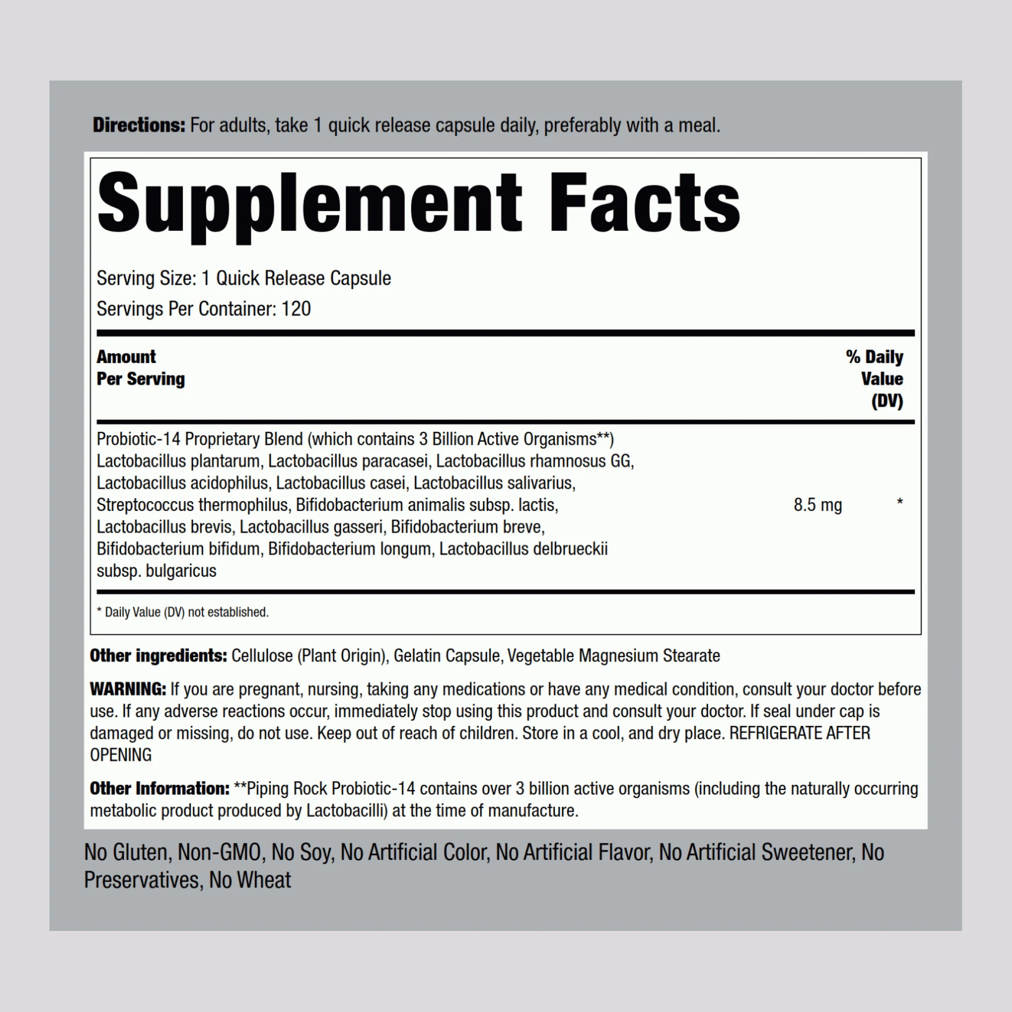 Probiotic Acidophilus 14 Strains 3 Billion Organisms, 120 Quick Release Capsules - Image 2