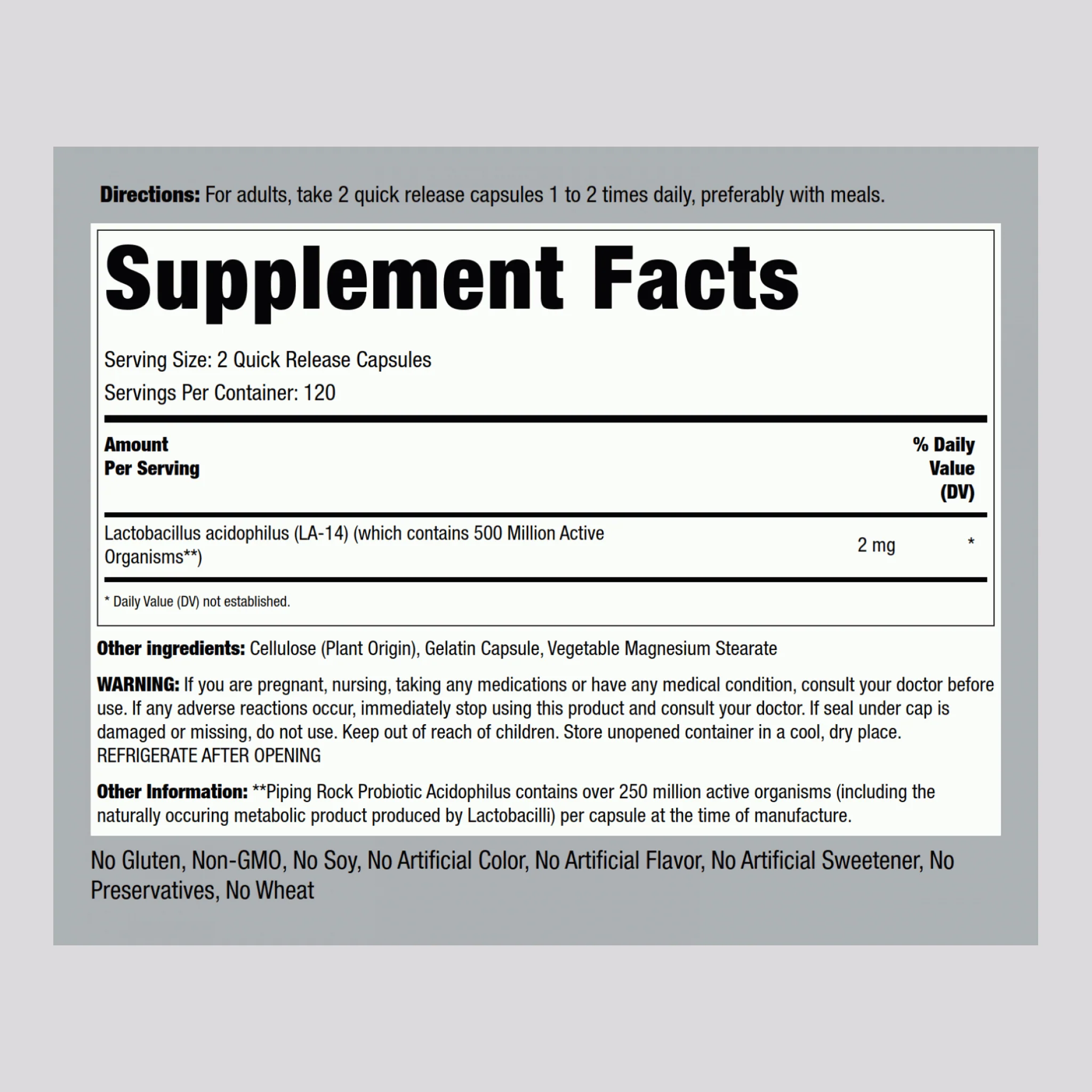 Probiotic Acidophilus 250 Million Organisms, 240 Quick Release Capsules - Image 2