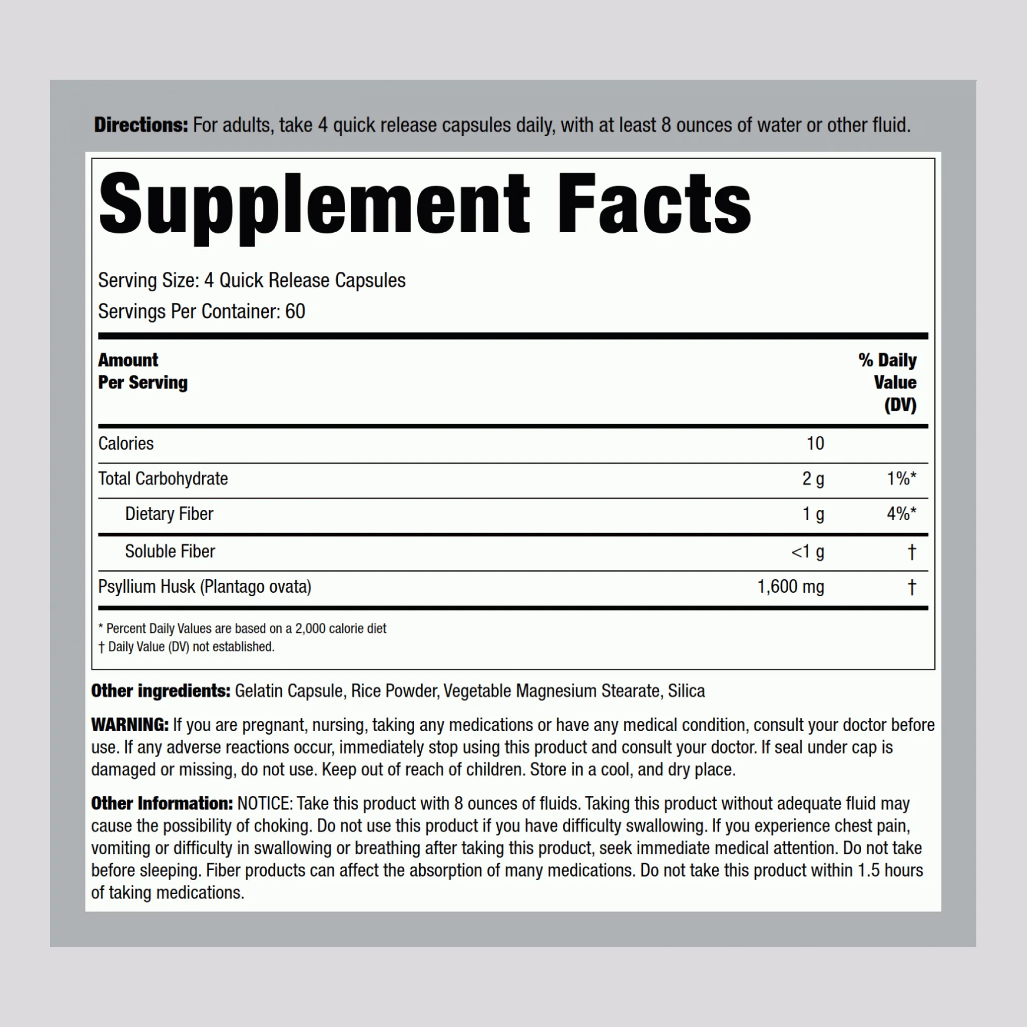 Psyllium Husks, 1600 mg (per serving), 240 Quick Release Capsules - Image 2