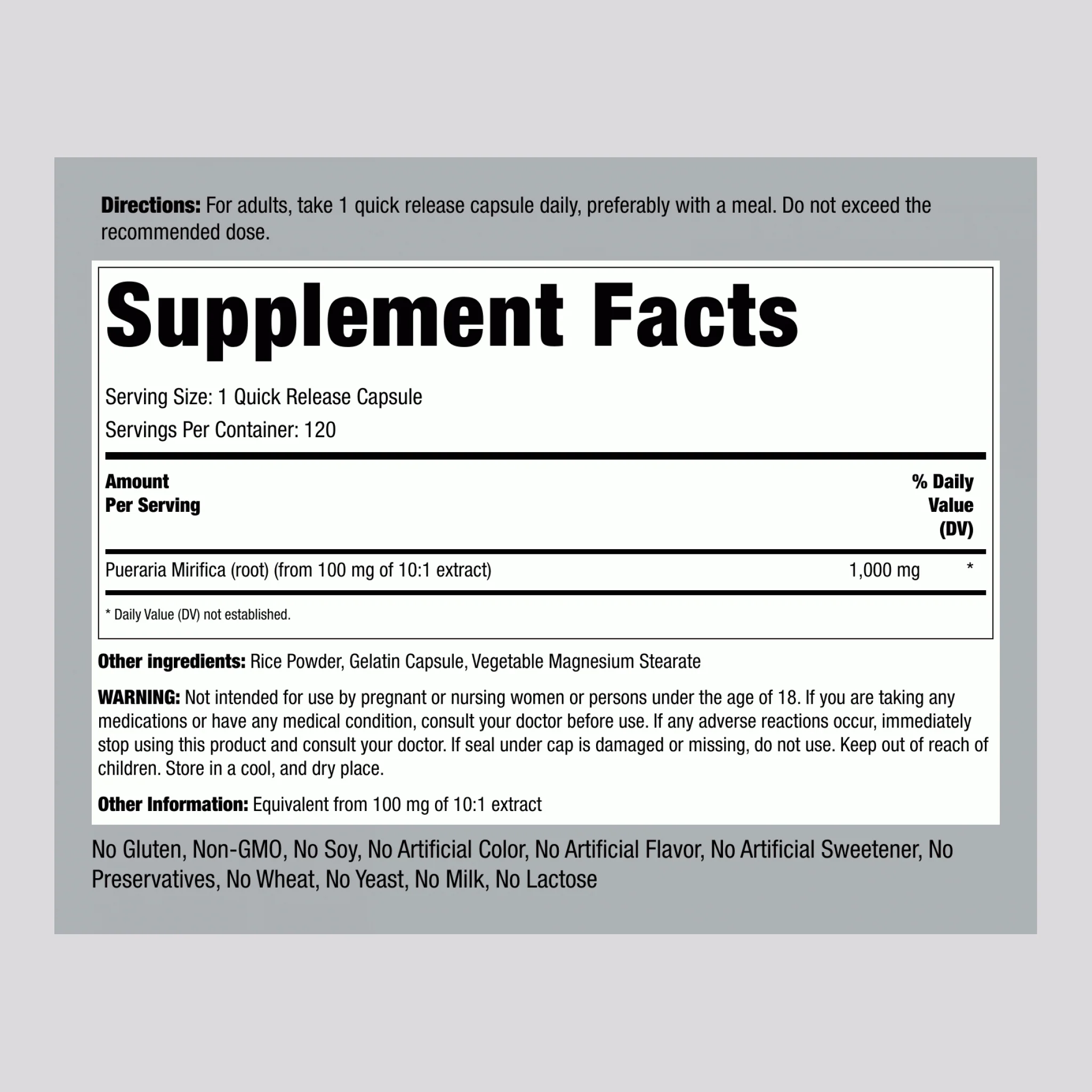 Pueraria Mirifica, 1000 mg, 120 Quick Release Capsules - Image 2