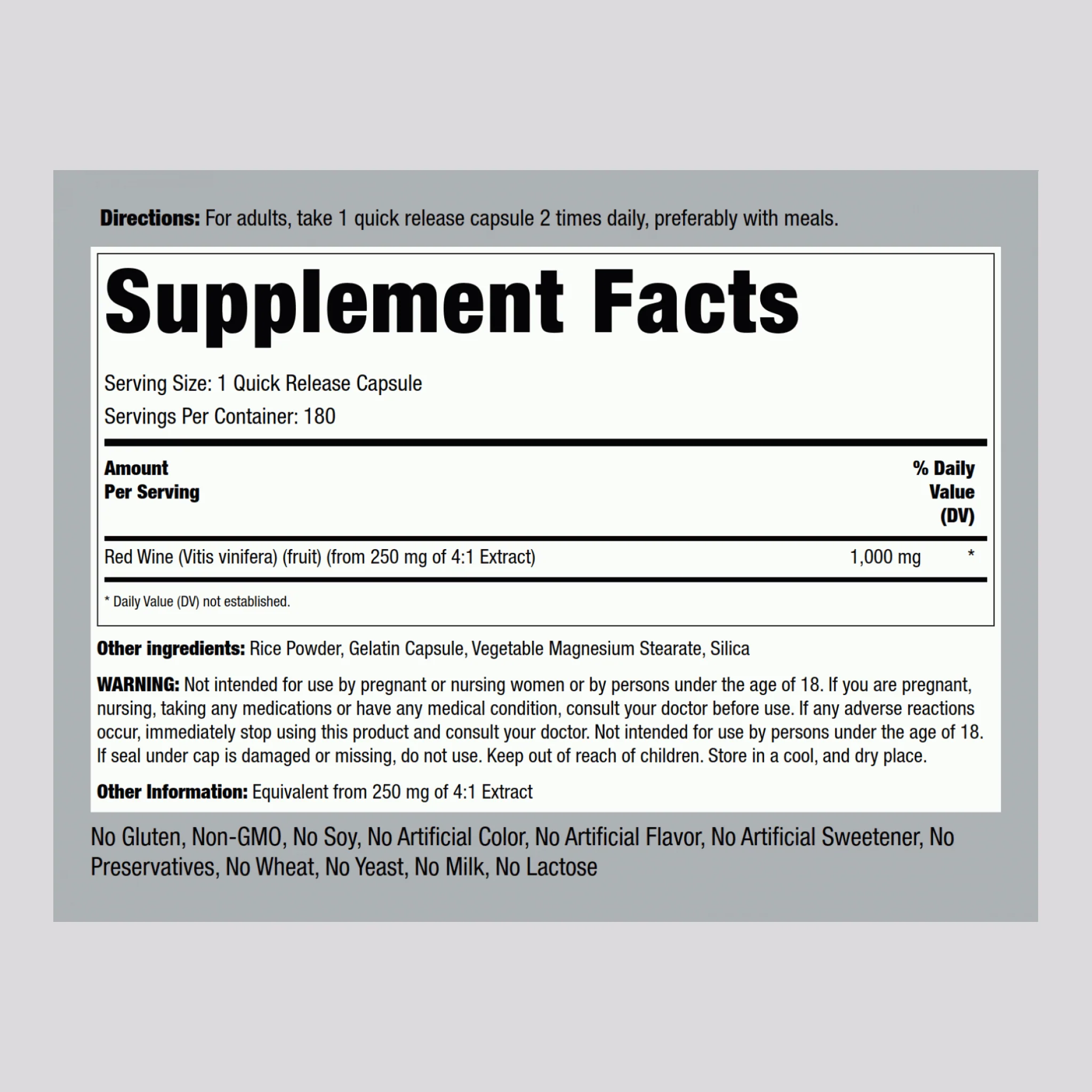 Red Wine Extract, 1000 mg, 180 Quick Release Capsules, 2  Bottles - Image 2