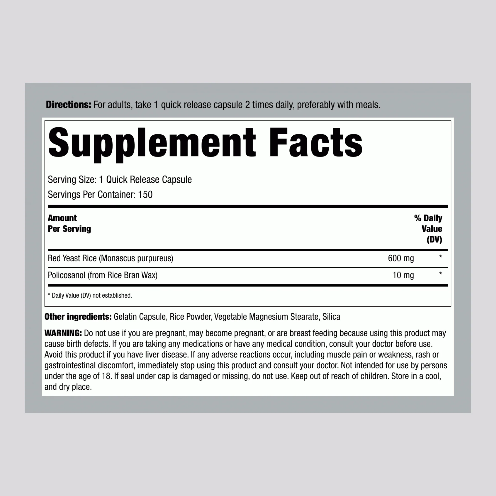 Red Yeast Rice Complex & Policosanol, 1220 mg (per serving), 120 Quick Release Capsules - Image 2