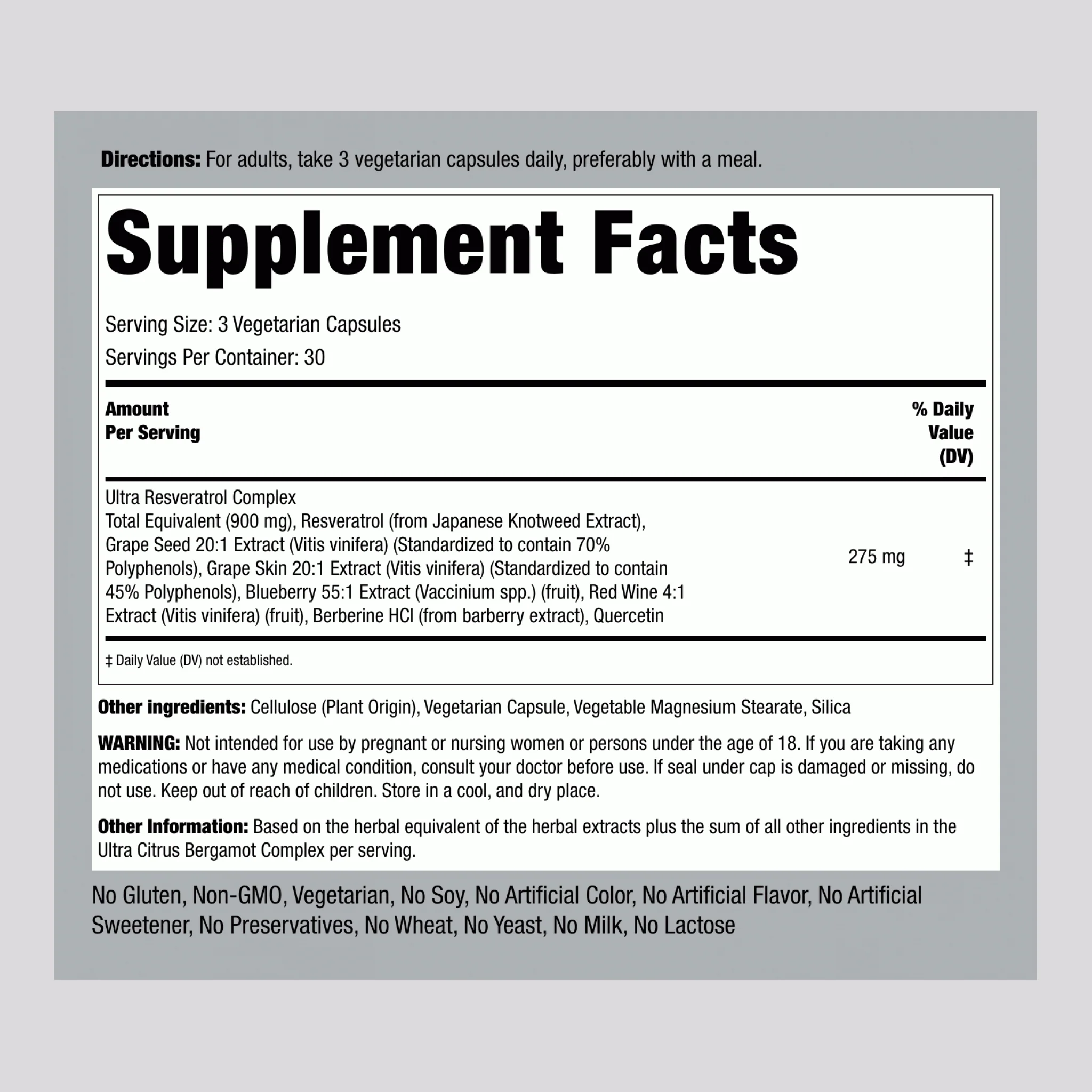 Resveratrol Berberine Grape Seed Quercetin Extract, 90 Vegetarian Capsules - Image 2