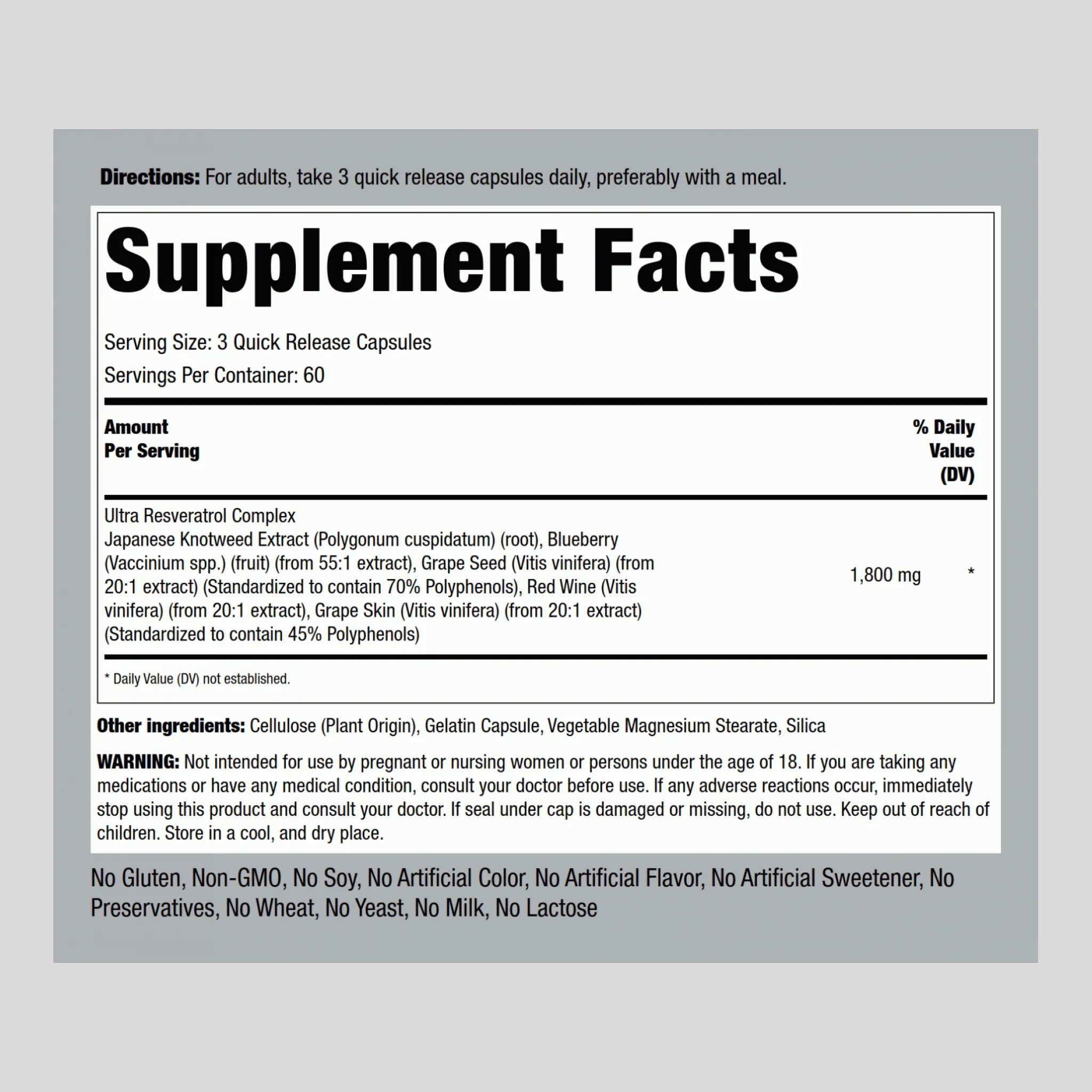 Resveratrol Complex, 1800 mg (per serving), 180 Quick Release Capsules - Image 2