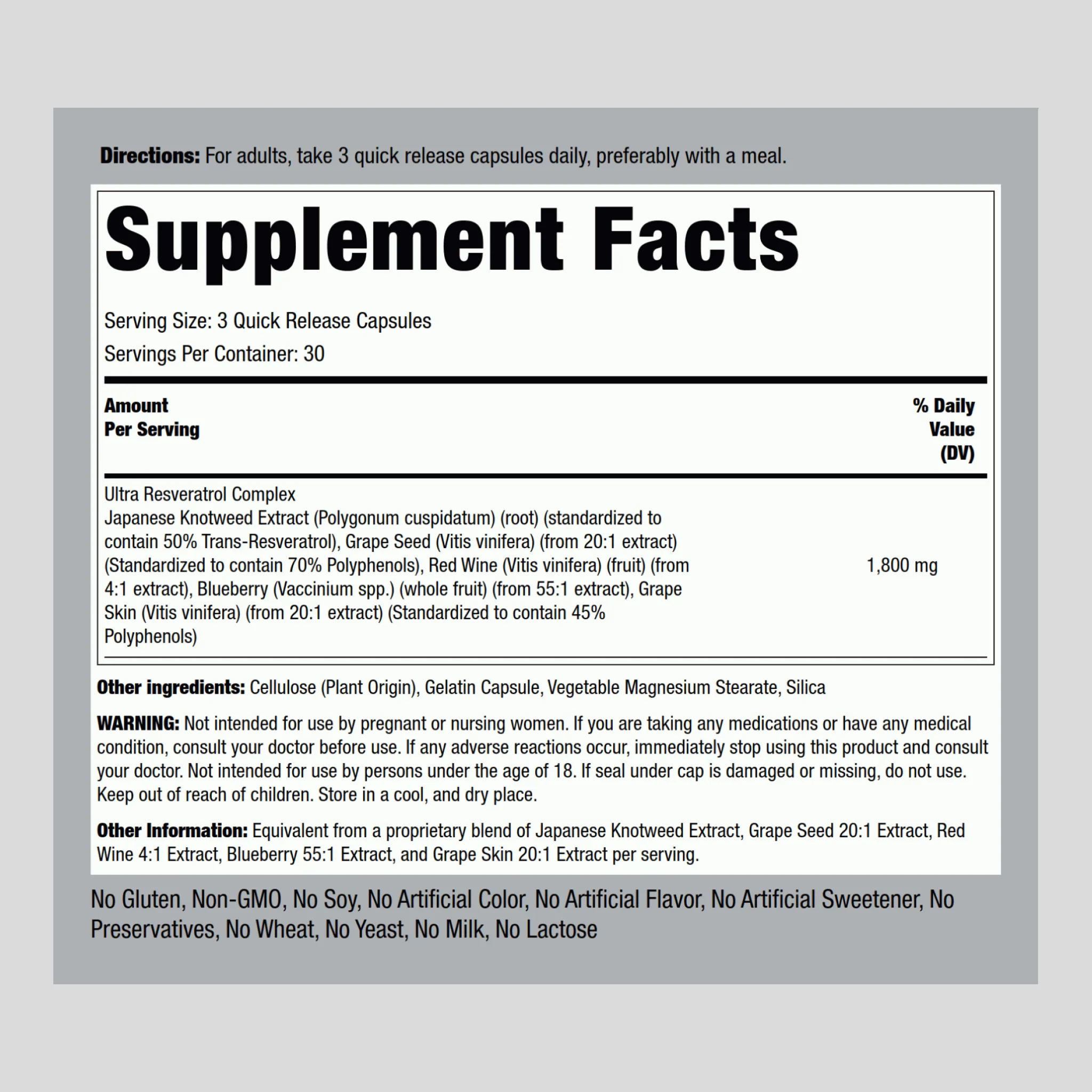 Resveratrol Complex, 1800 mg (per serving), 90 Quick Release Capsules - Image 2