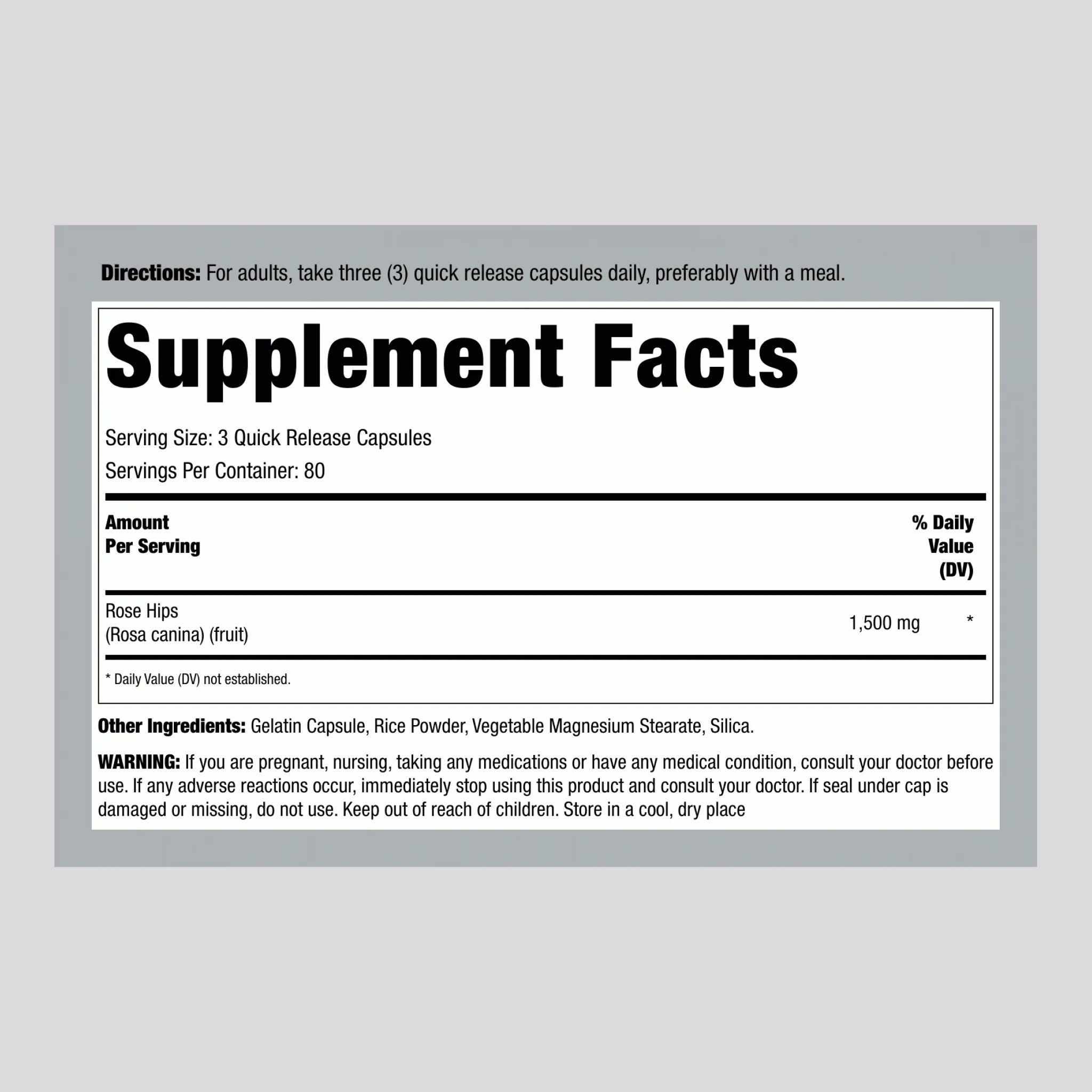 Rose Hips, 1500 mg (per serving), 240 Quick Release Capsules - Image 2