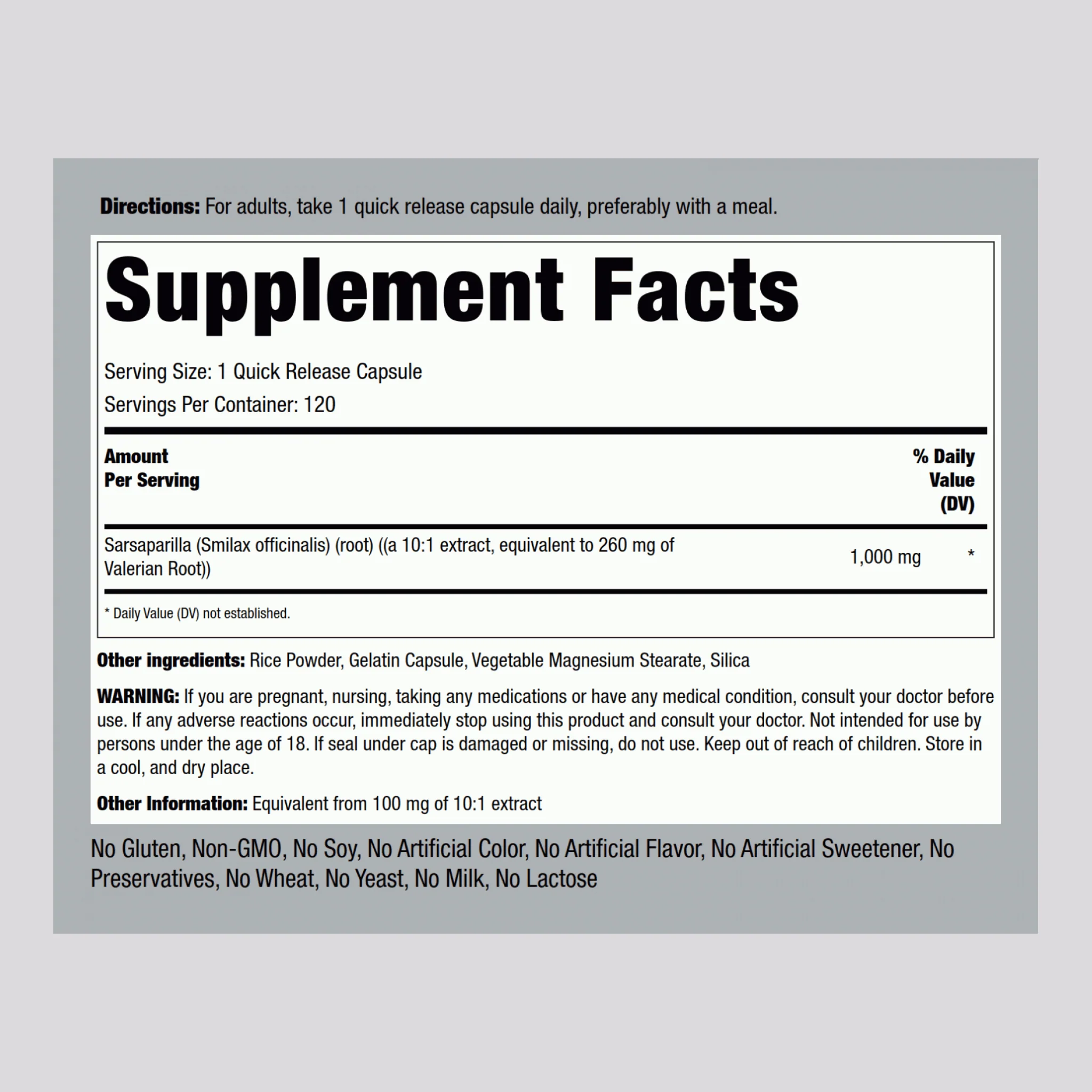 Sarsaparilla Root, 1000 mg, 120 Quick Release Capsules - Image 2