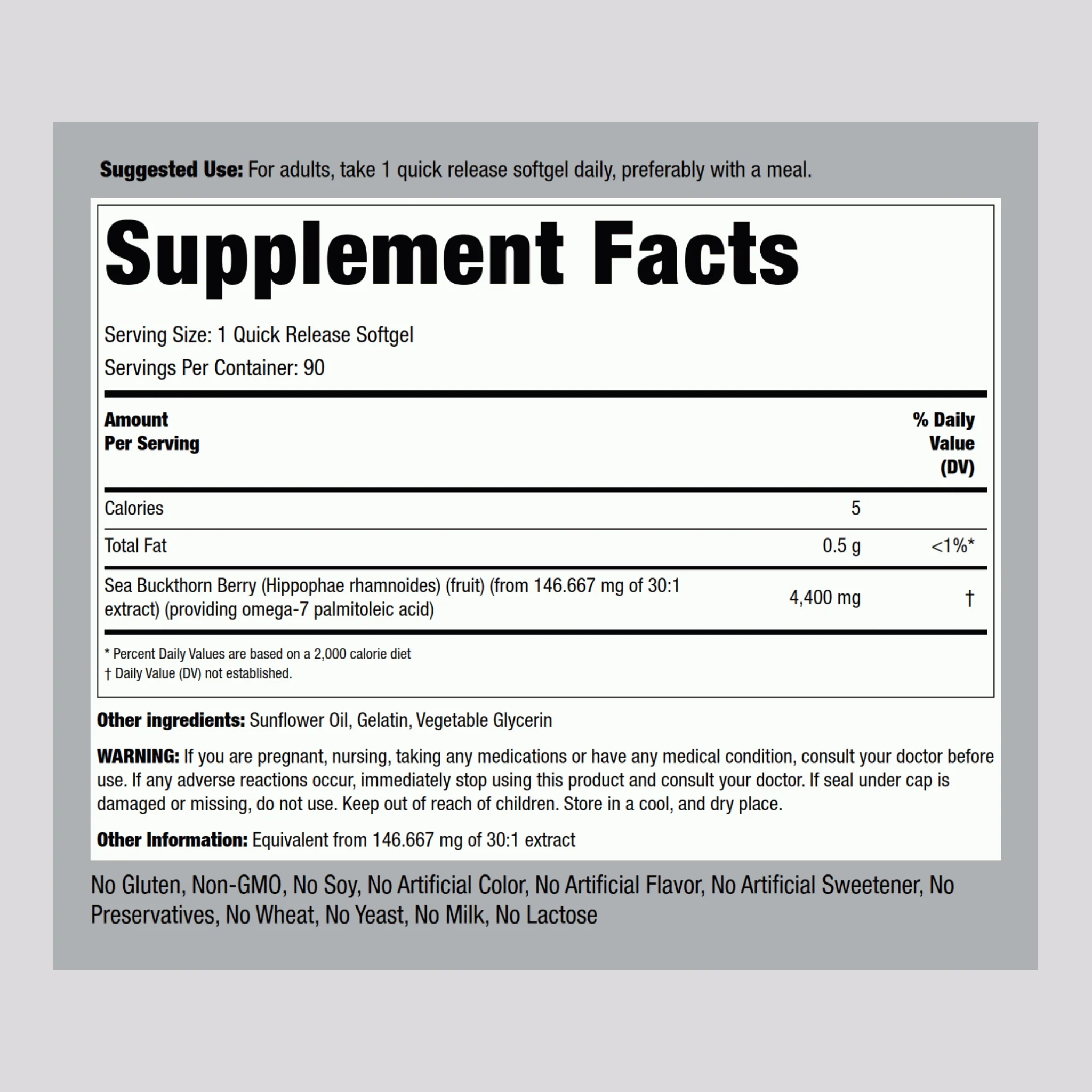 Sea Buckthorn Oil with Omega-7, 4400 mg, 90 Quick Release Softgels, 2  Bottles - Image 2