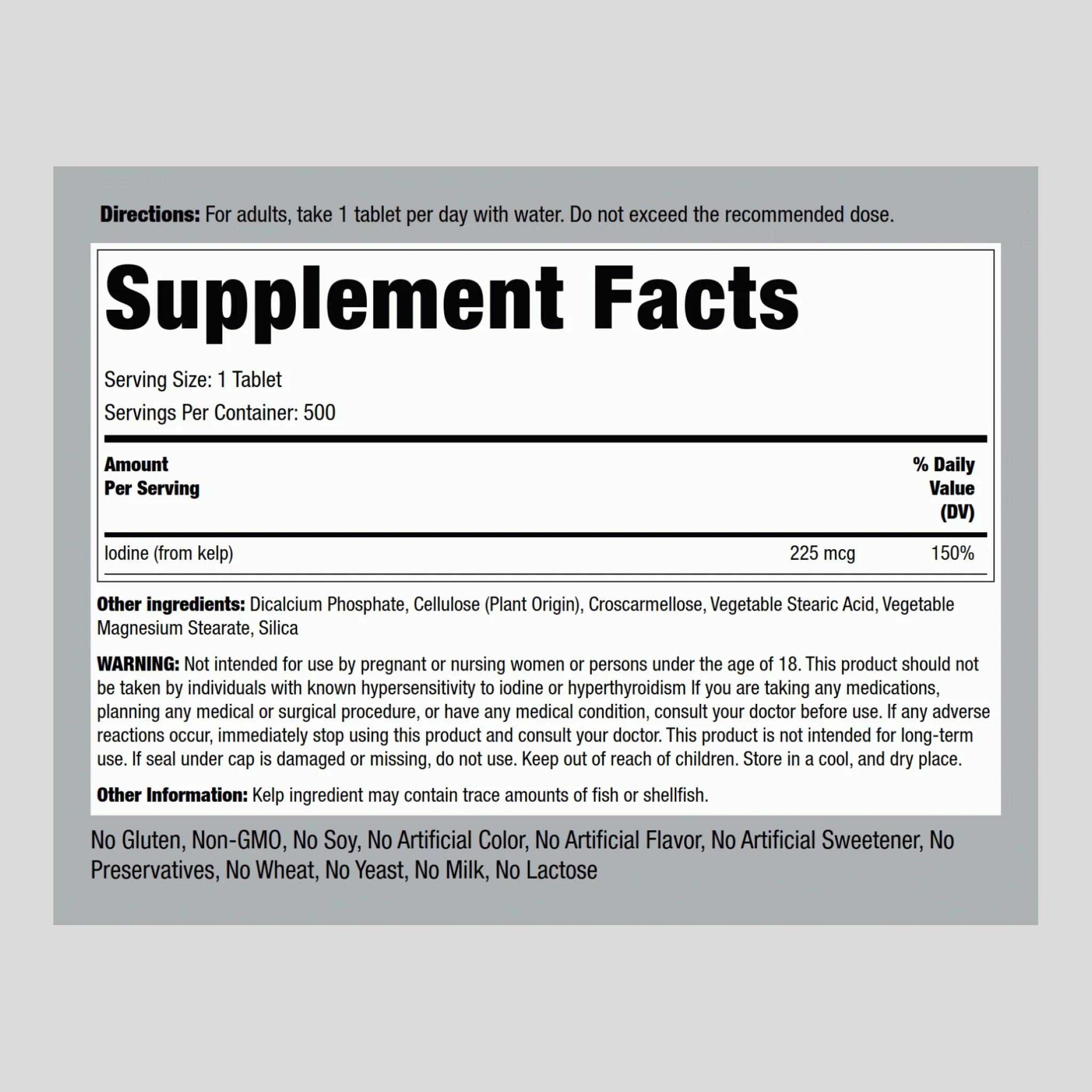 Sea Kelp (Iodine Source), 225 mcg, 500 Tablets - Image 2