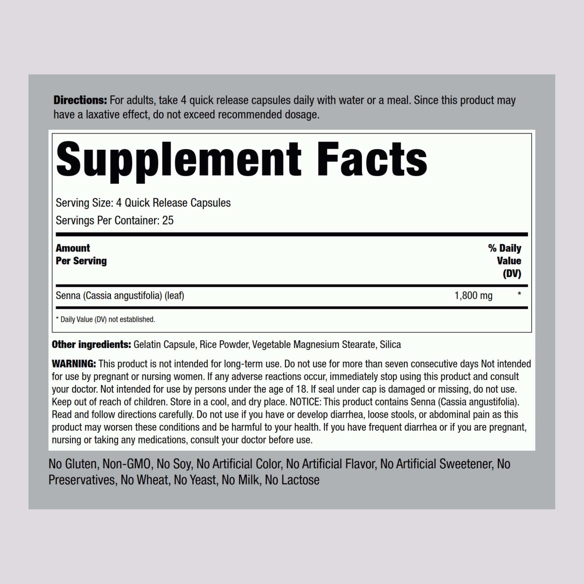 Senna Leaves, 1800 mg (per serving), 100 Quick Release Capsules, 2  Bottles - Image 2
