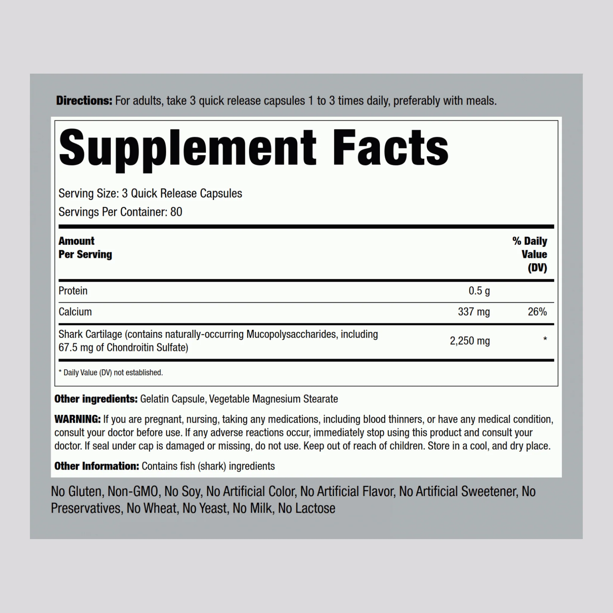 Shark Cartilage, 750 mg, 240 Quick Release Capsules, 2  Bottles - Image 2