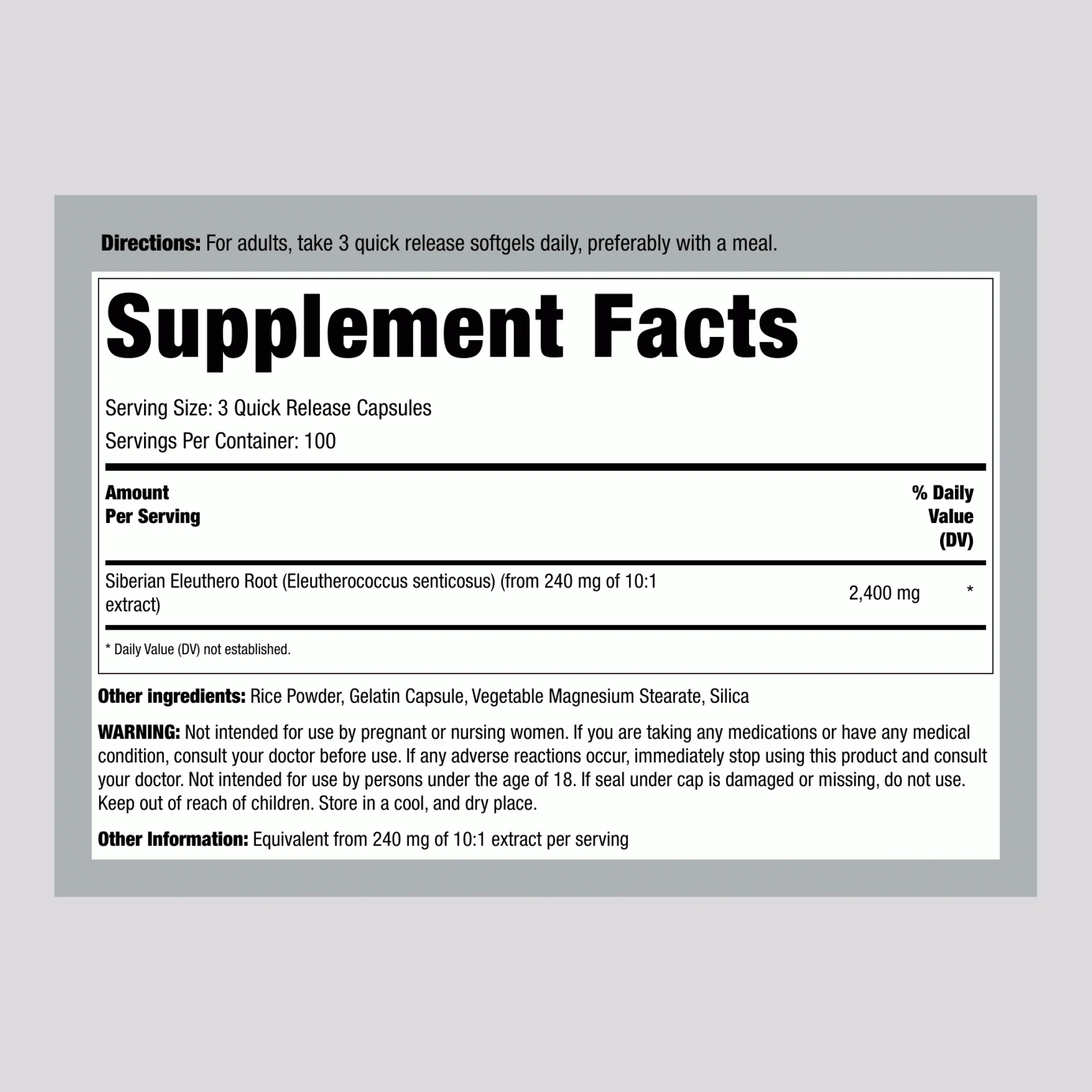 Siberian Eleuthero, 2400 mg (per serving), 300 Quick Release Capsules - Image 2