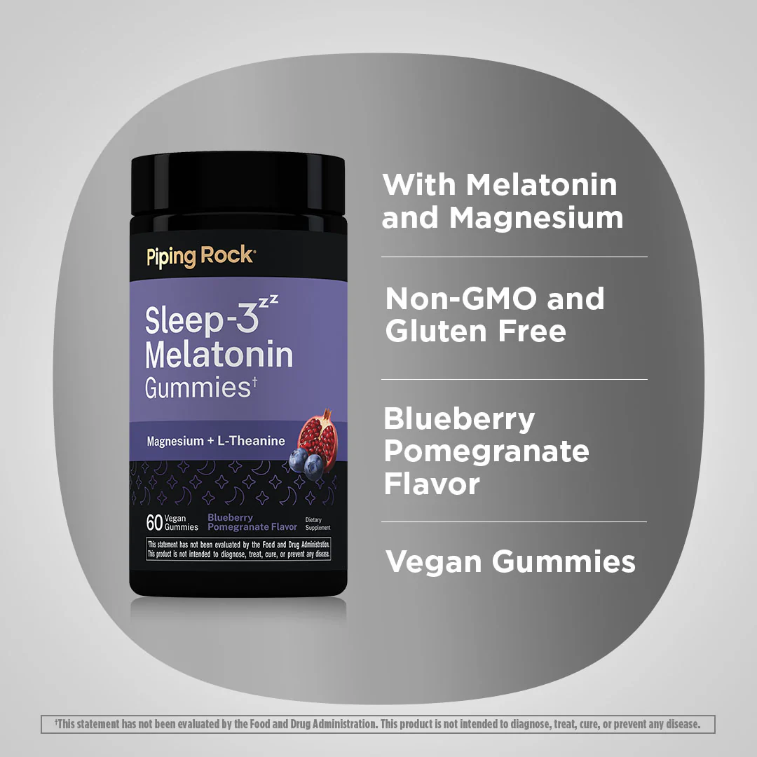 Sleep-3 Melatonin, Magnesium, & L-Theanine Gummies (Blueberry Pomegranate), 60 Vegan Gummies - Image 3