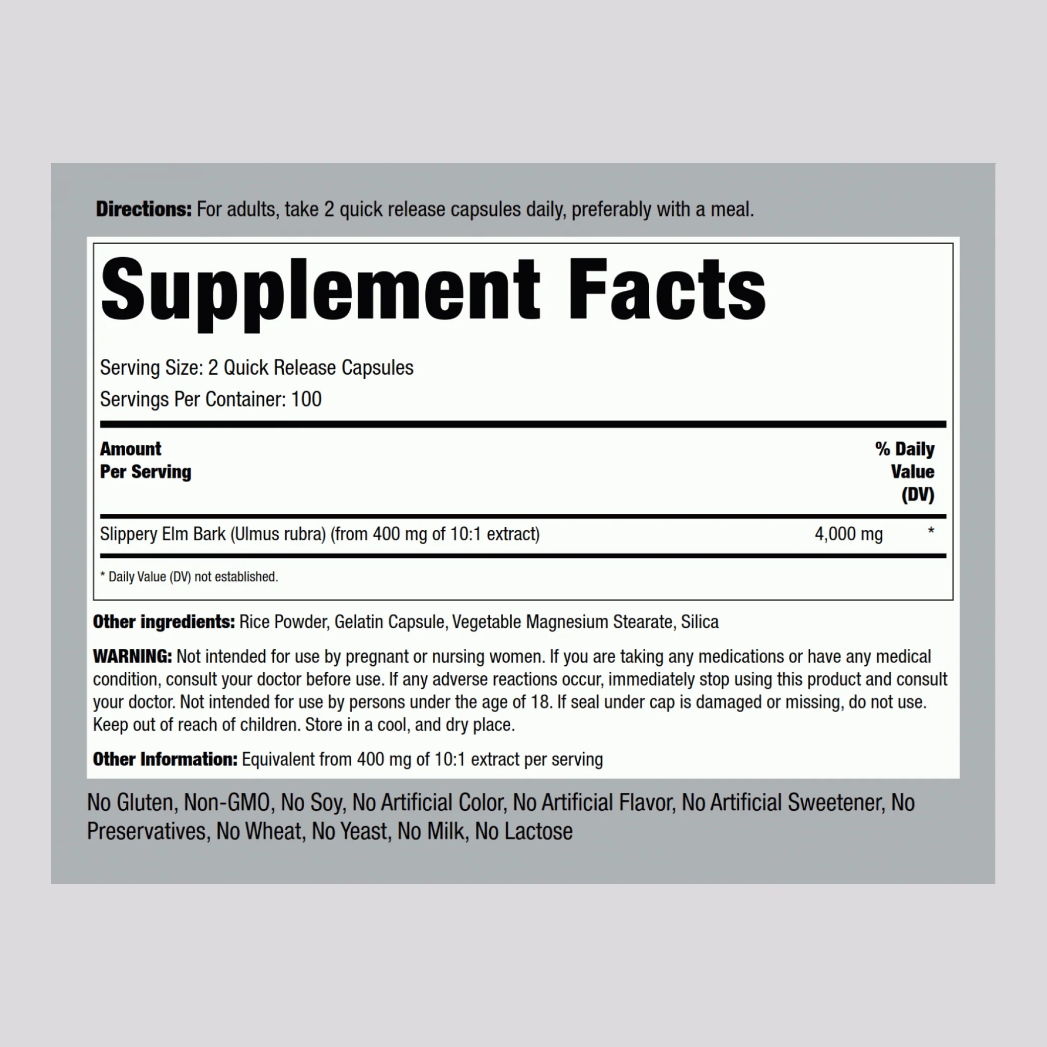 Slippery Elm Bark, 4000 mg (per serving), 200 Quick Release Capsules, 2  Bottles - Image 2