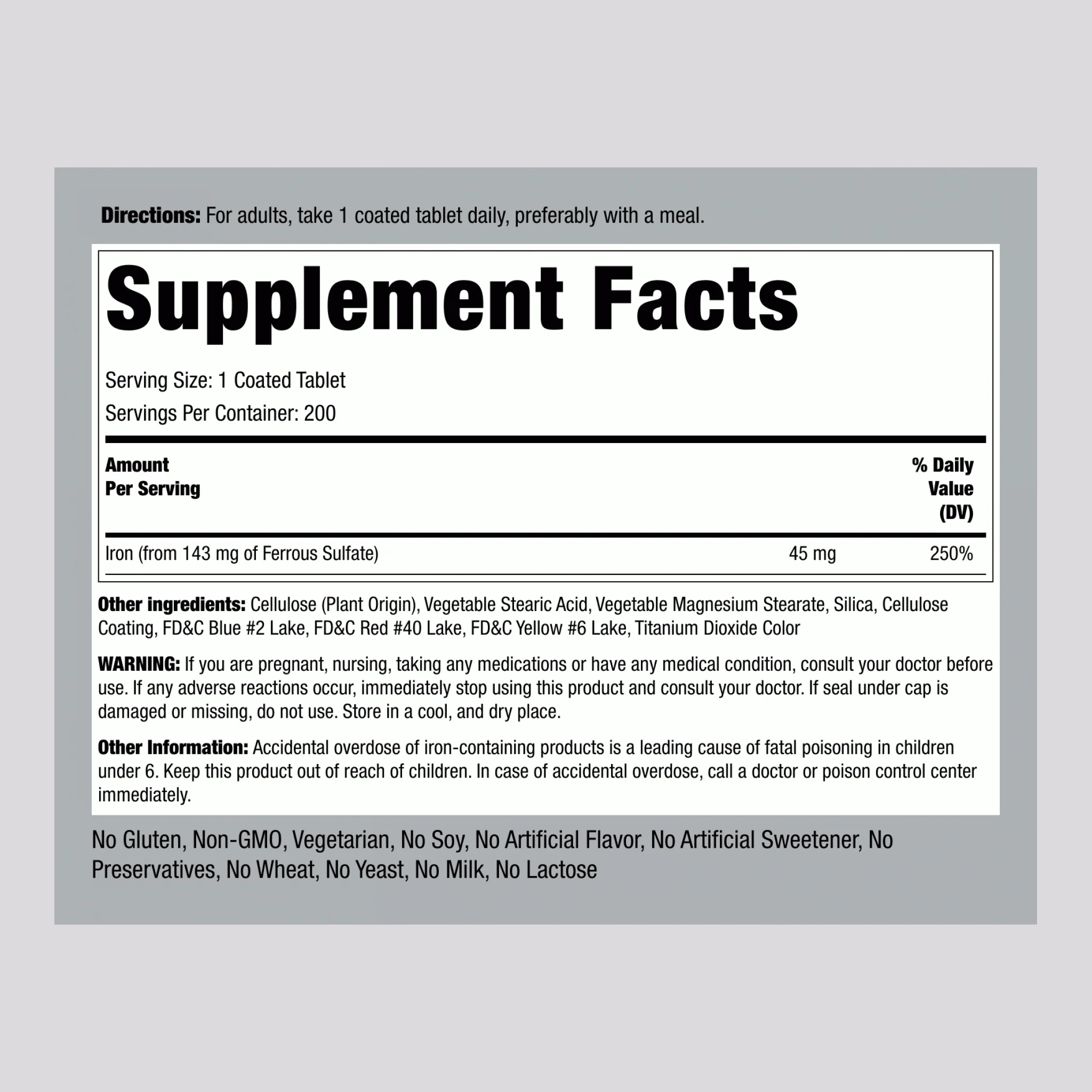 Slow Release Iron, 45 mg, 200 Coated Tablets - Image 2