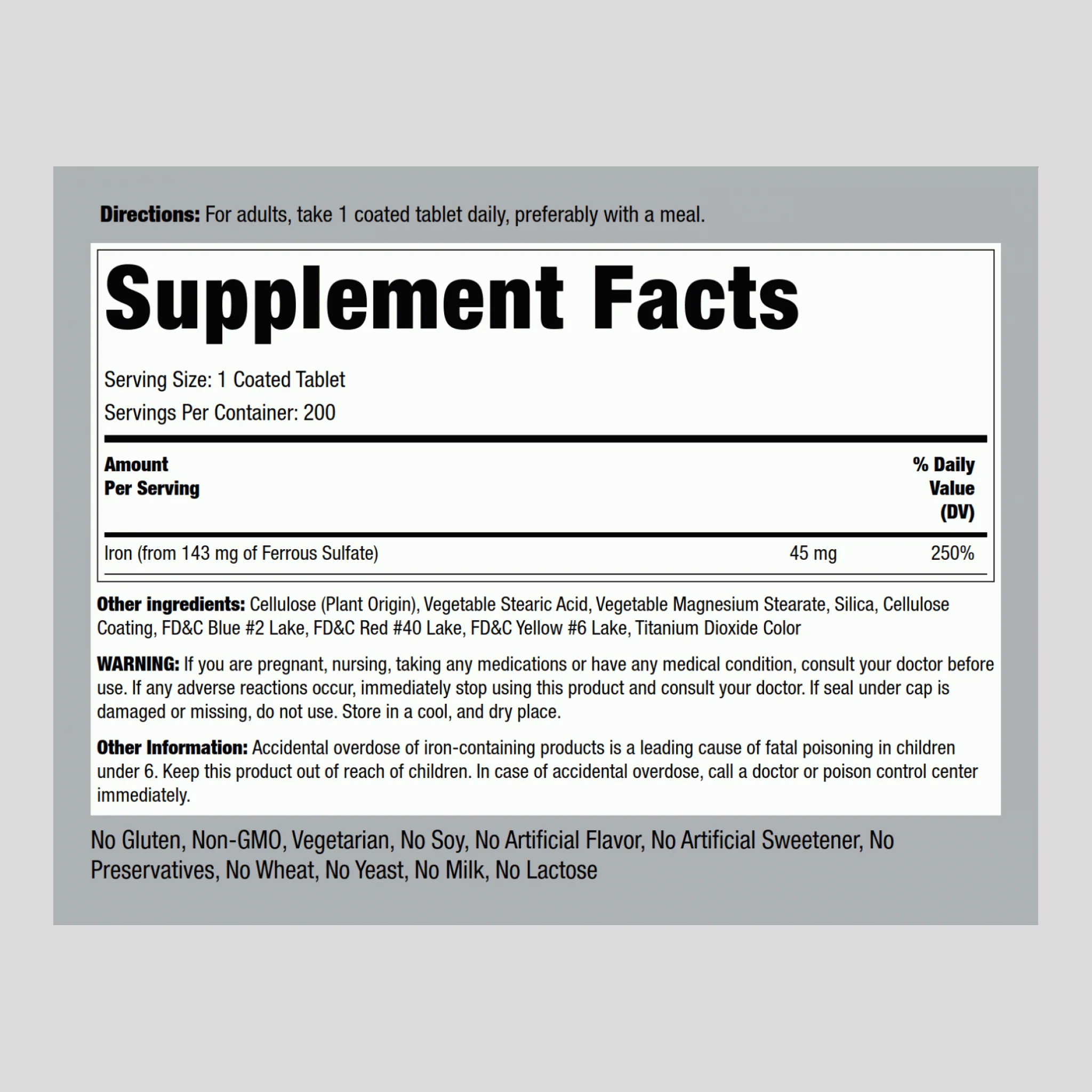Slow Release Iron, 45 mg, 200 Coated Tablets, 2  Bottles - Image 2