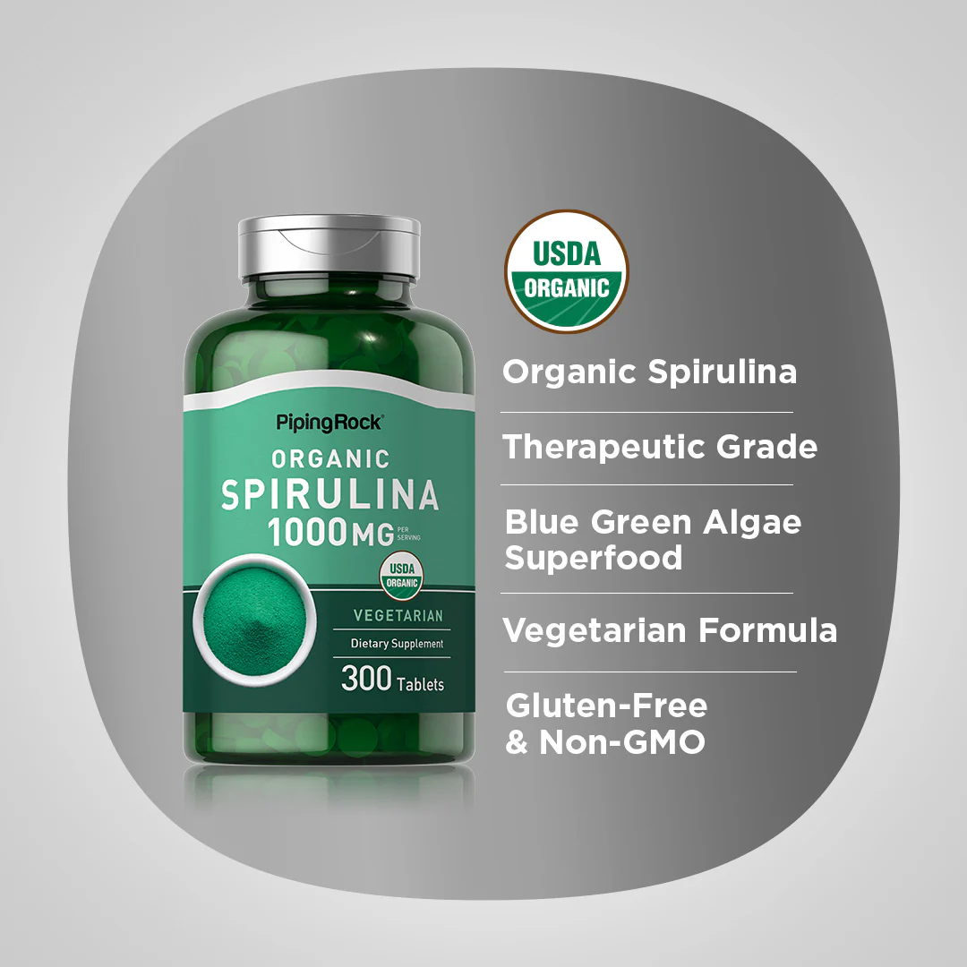 Spirulina (Organic), 1000 mg (per serving), 300 Vegetarian Tablets, 2  Bottles - Image 3