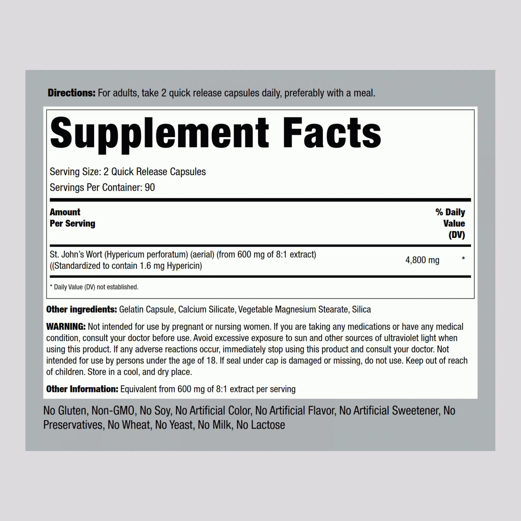 St. John's Wort 1.8% hypericin (Standardized Extract), 4800 mg (per serving), 180 Quick Release Capsules - Image 2