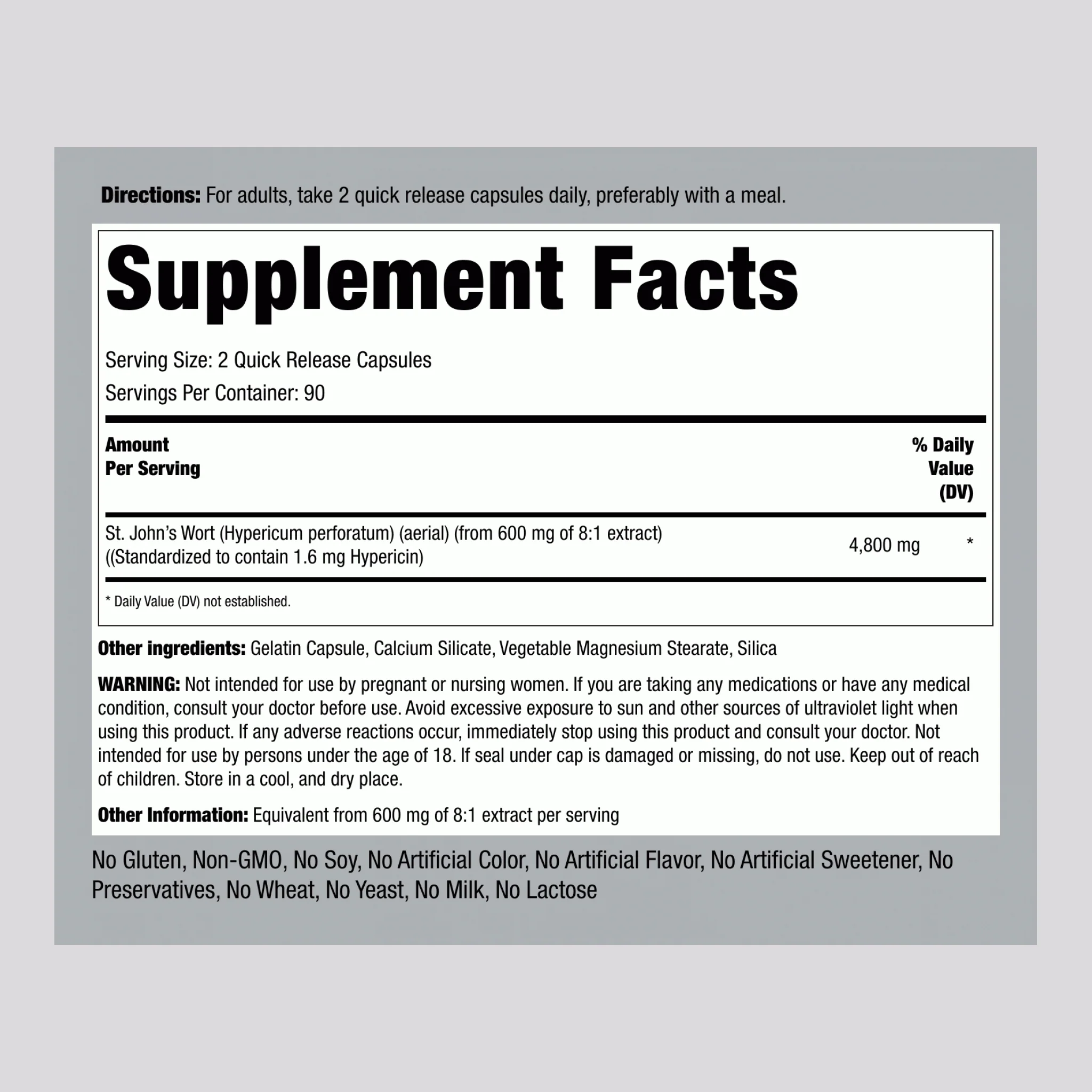 St. John's Wort 1.8% hypericin (Standardized Extract), 4800 mg (per serving), 180 Quick Release Capsules, 2  Bottles - Image 2