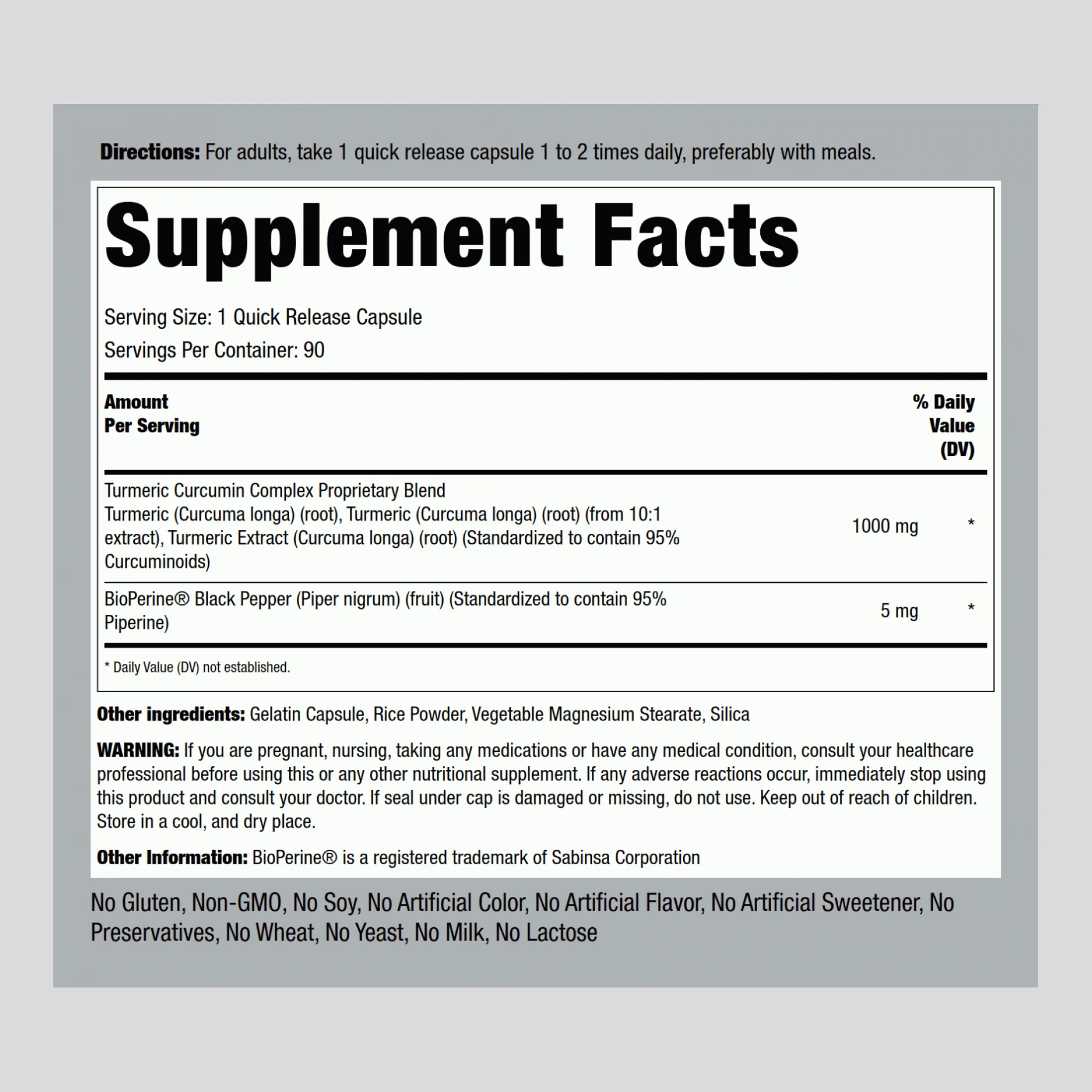 Standardized Turmeric Curcumin Complex w/ Black Pepper, 1000 mg, 90 Quick Release Capsules - Image 2