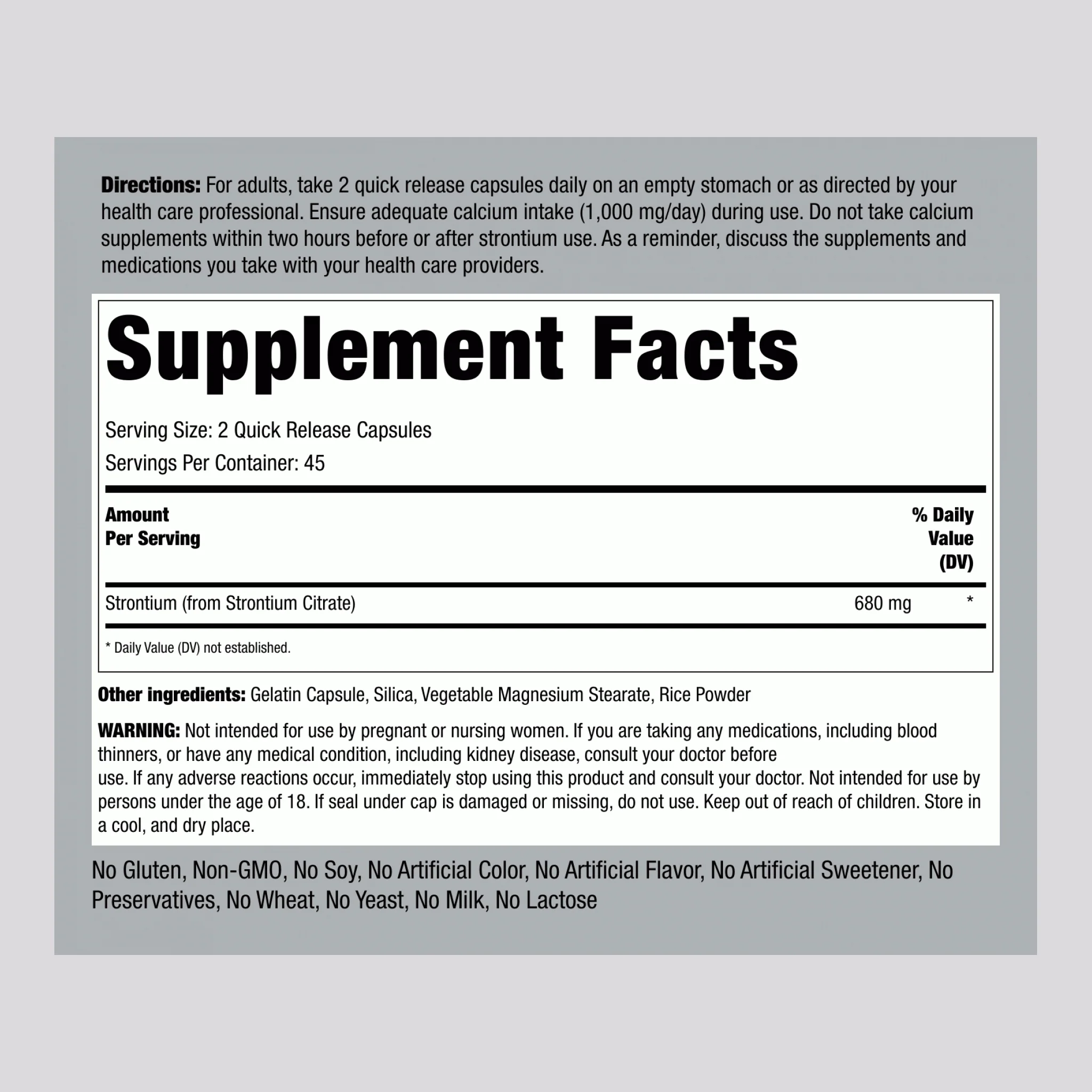 Strontium Citrate, 680 mg (per serving), 90 Quick Release Capsules - Image 9