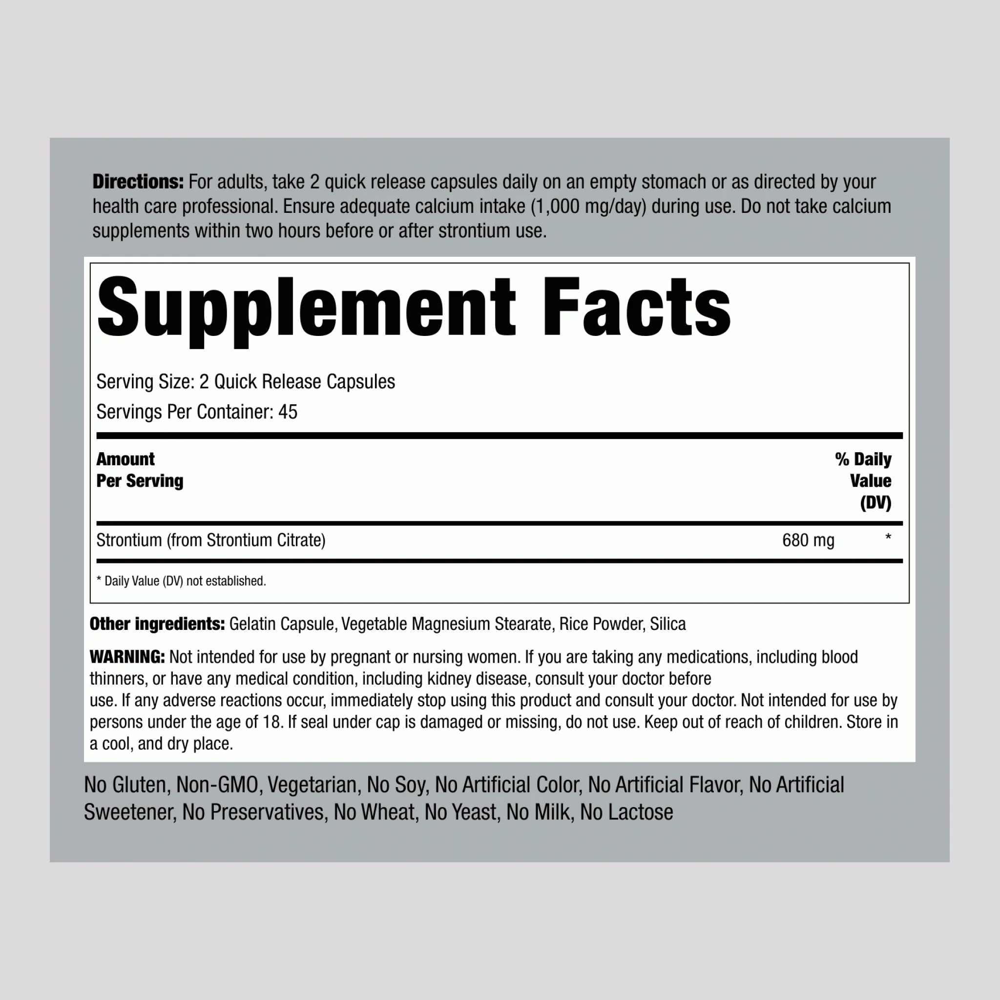 Strontium Citrate, 680 mg (per serving), 90 Quick Release Capsules, 2  Bottles - Image 2