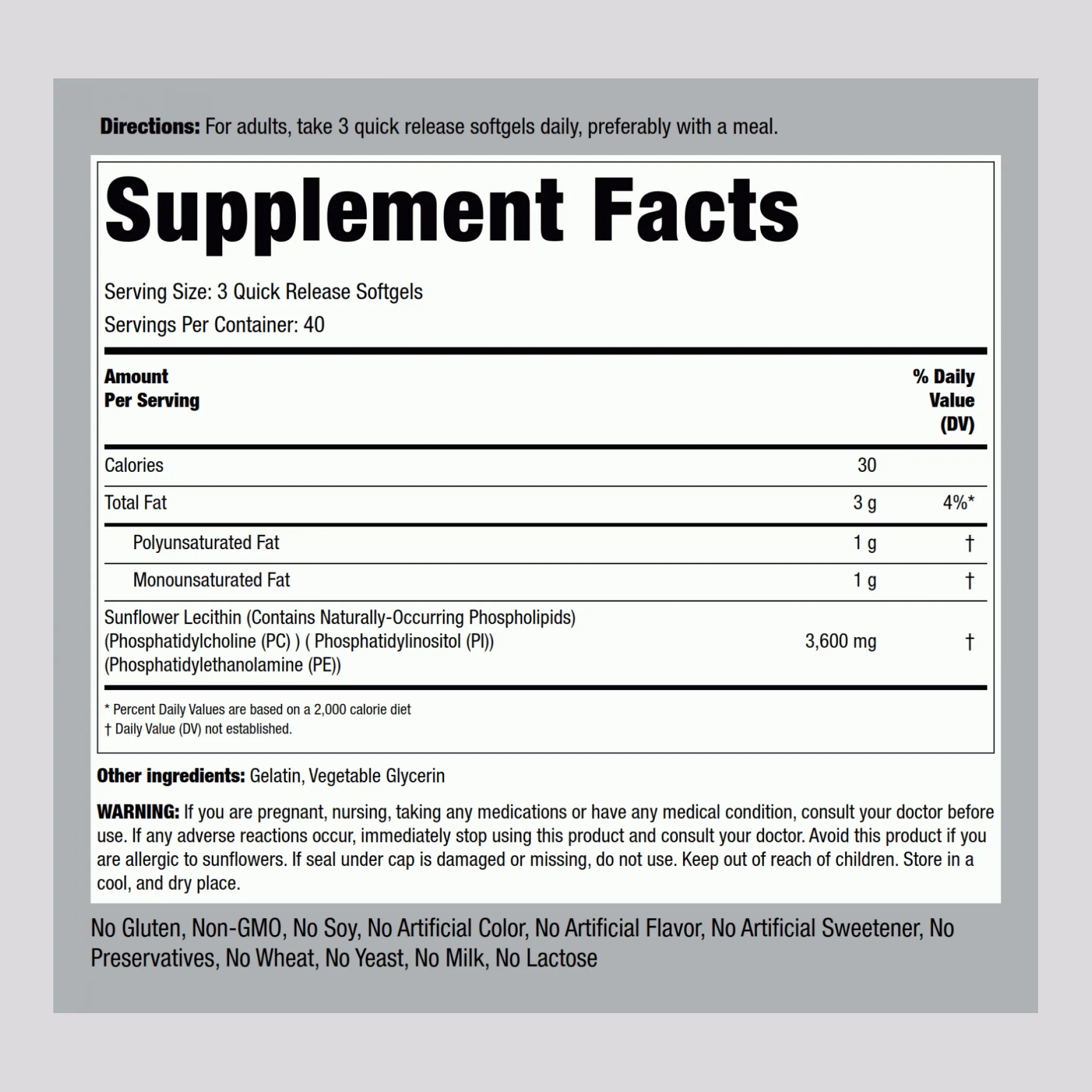 Sunflower Lecithin, 3600 mg (per serving), 120 Quick Release Softgels - Image 2