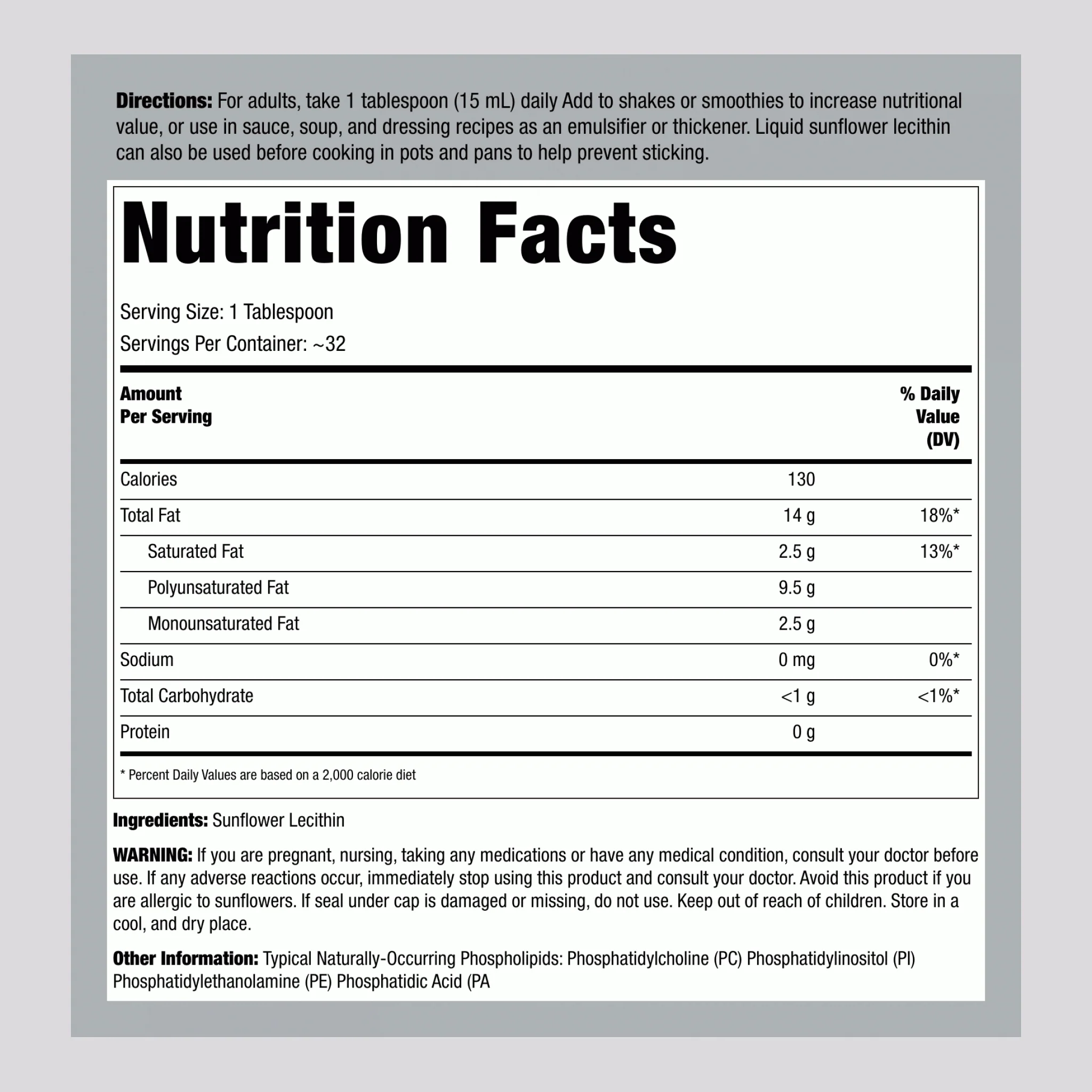 Sunflower Liquid Lecithin, 16 fl oz (473 mL) Bottle - Image 2