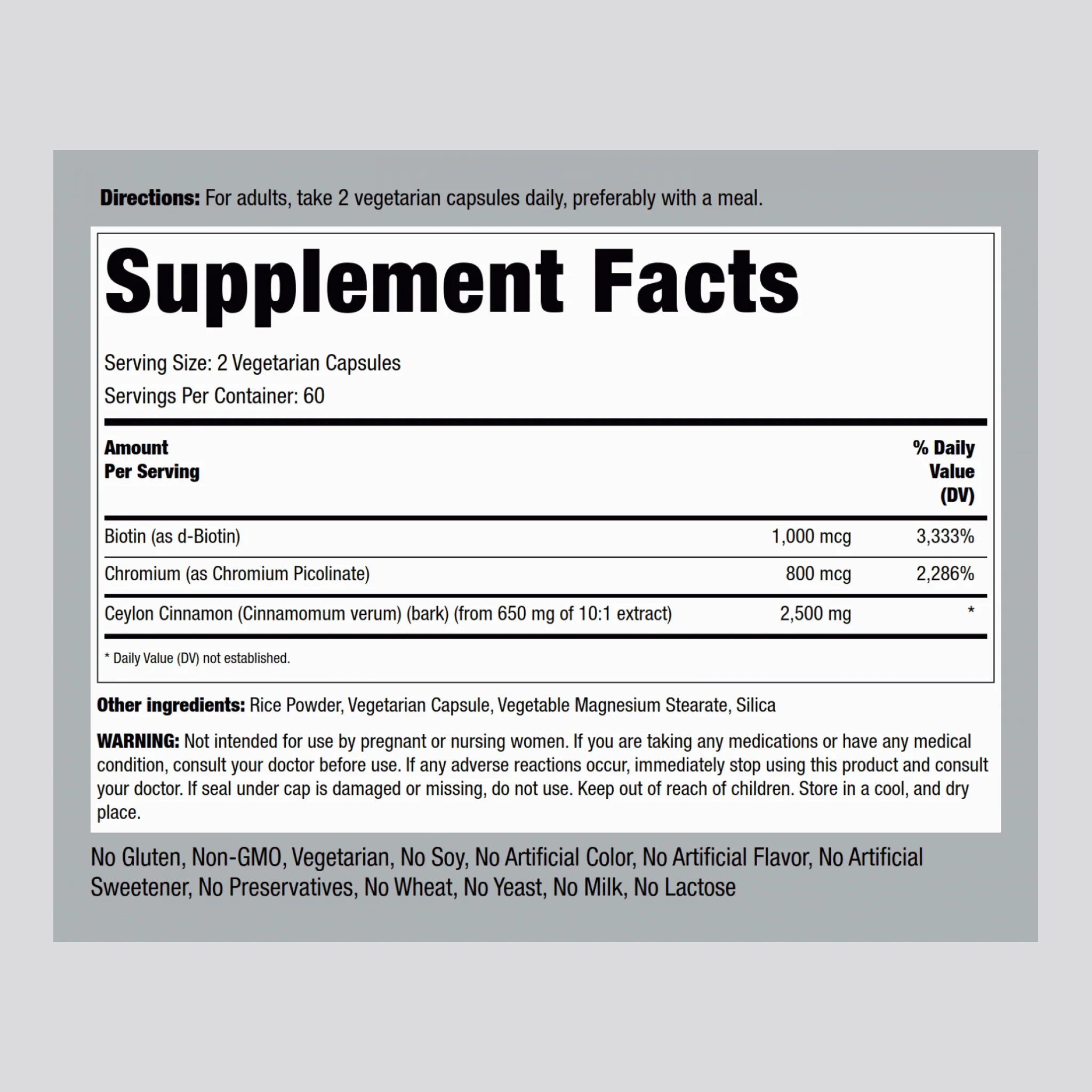 Super Ceylon Cinnamon Complex w/ Chromium & Biotin, 2500 mg (per serving), 120 Vegetarian Capsules - Image 2