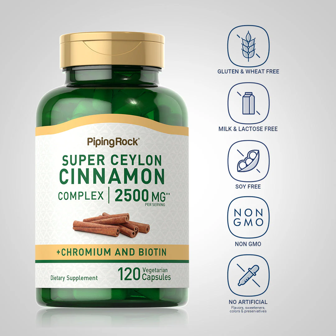 Super Ceylon Cinnamon Complex w/ Chromium & Biotin, 2500 mg (per serving), 120 Vegetarian Capsules - Image 6