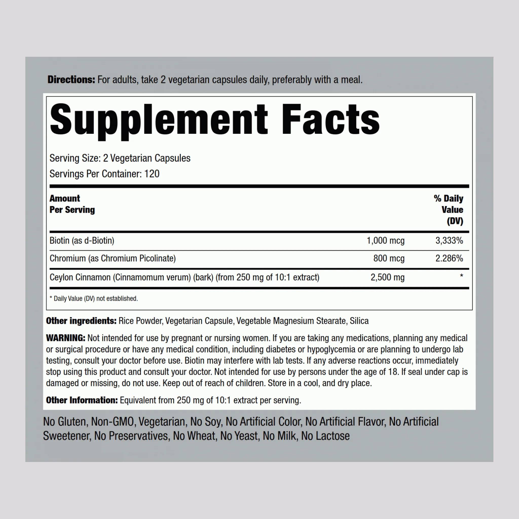 Super Ceylon Cinnamon Complex w/ Chromium & Biotin, 2500 mg (per serving), 240 Vegetarian Capsules - Image 2