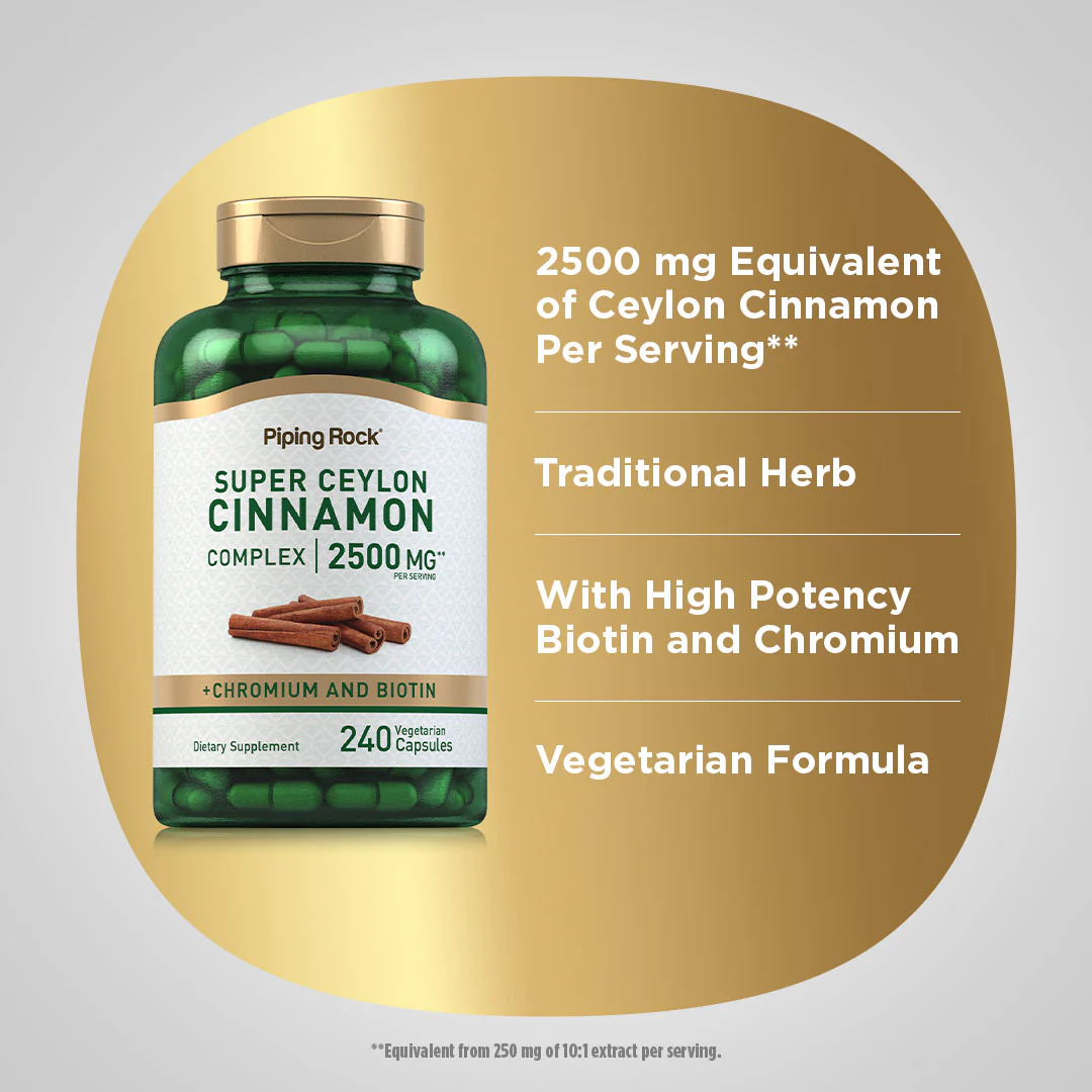 Super Ceylon Cinnamon Complex w/ Chromium & Biotin, 2500 mg (per serving), 240 Vegetarian Capsules - Image 4