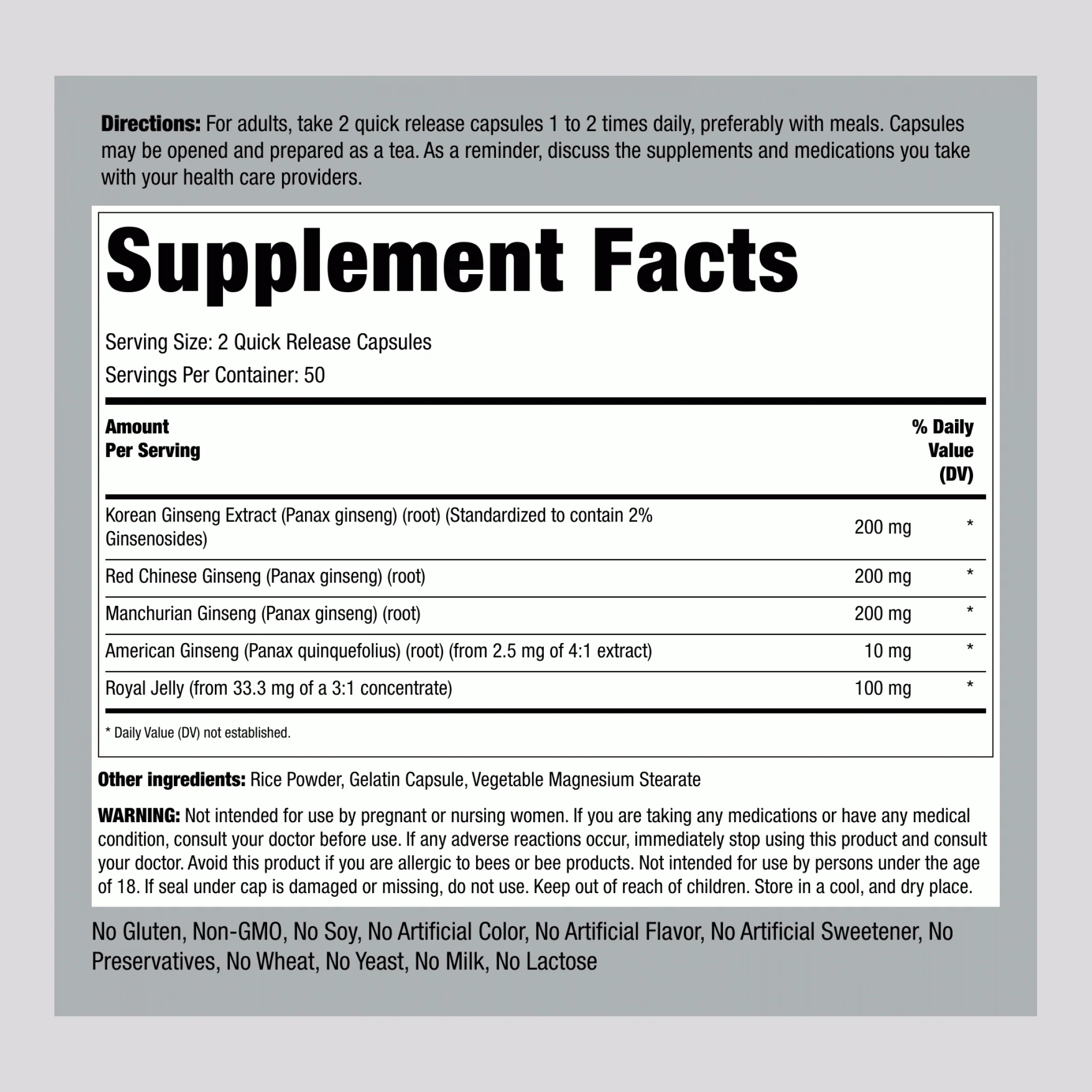 Super Ginseng Complex Plus Royal Jelly, 100 Quick Release Capsules - Image 2