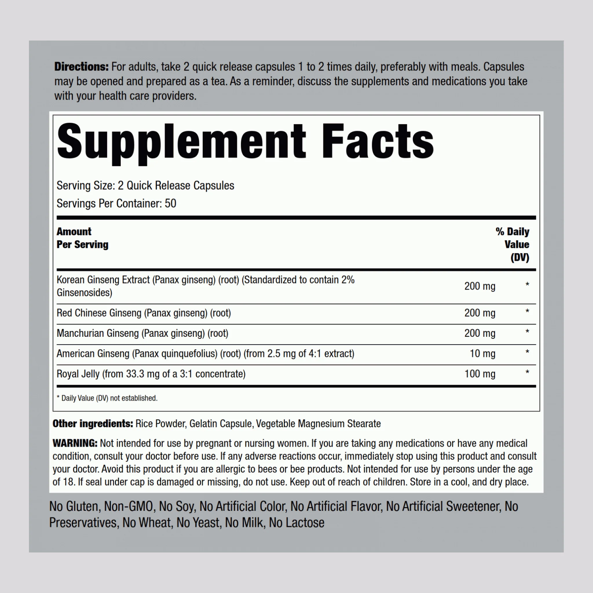 Super Ginseng Complex Plus Royal Jelly, 100 Quick Release Capsules, 2  Bottles - Image 2