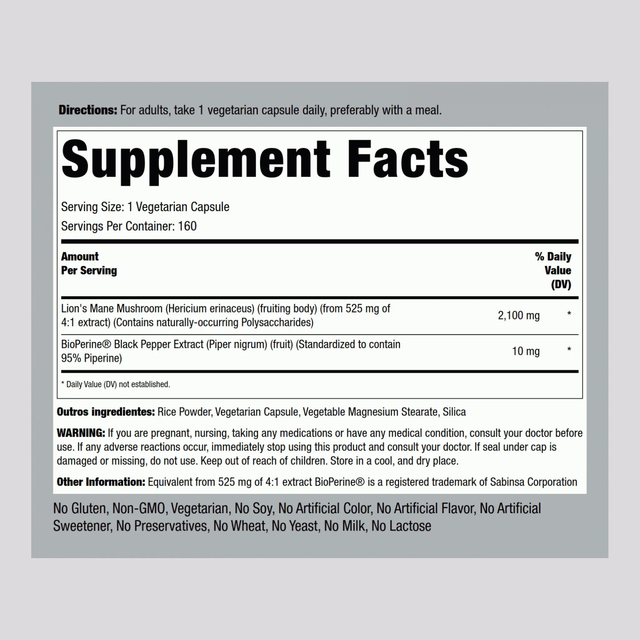 Super Lion's Mane Mushroom, 2100 mg, 160 Vegetarian Capsules - Image 2