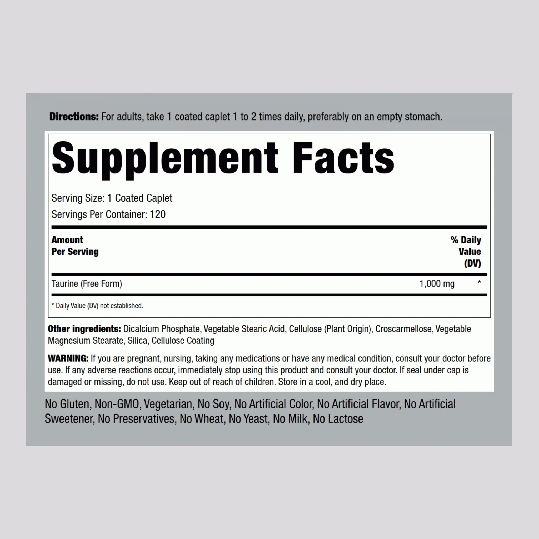 Taurine, 1000 mg, 120 Coated Caplets, 2  Bottles - Image 2