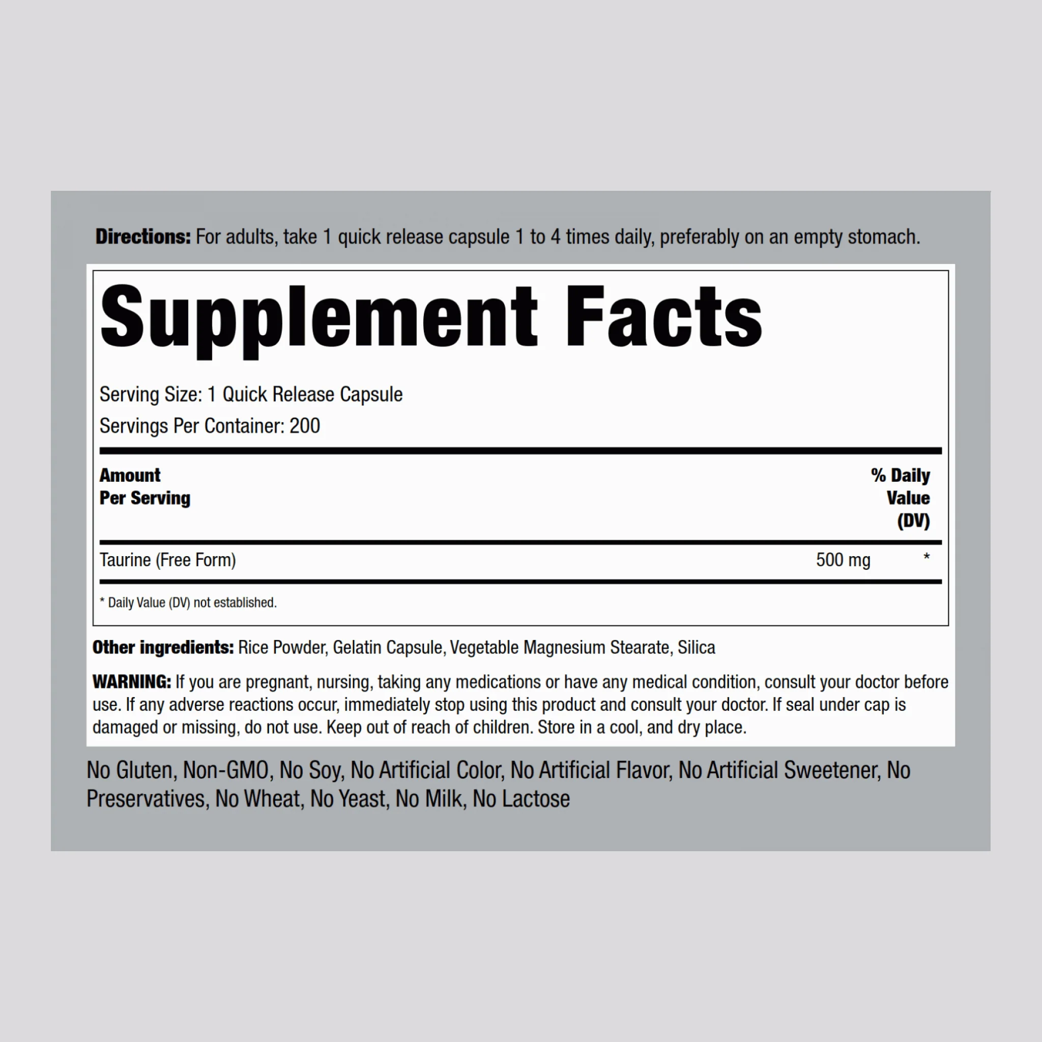 Taurine, 500 mg, 200 Quick Release Capsules - Image 2