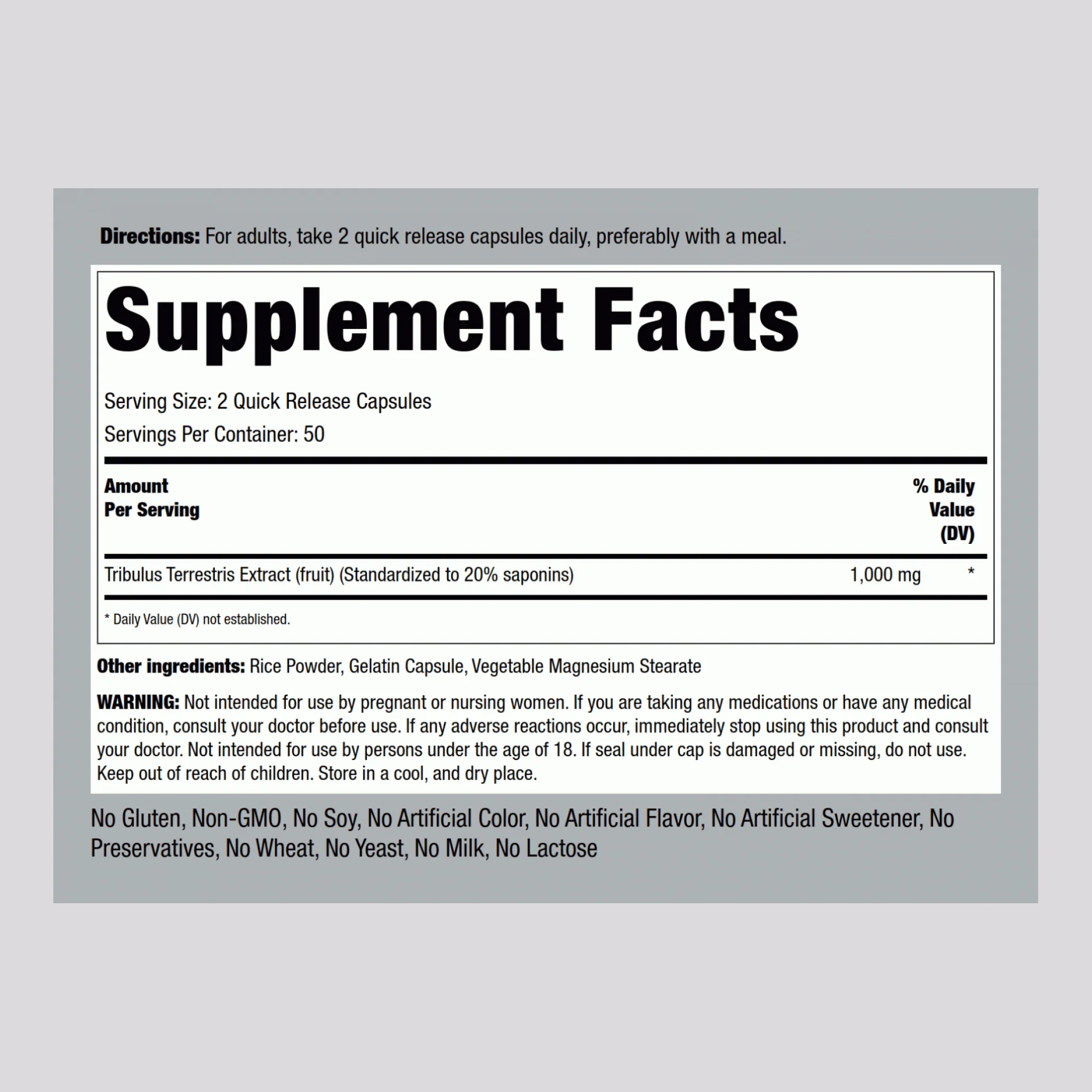 Tribulus Mega, 1000 mg (per serving), 100 Quick Release Capsules - Image 2