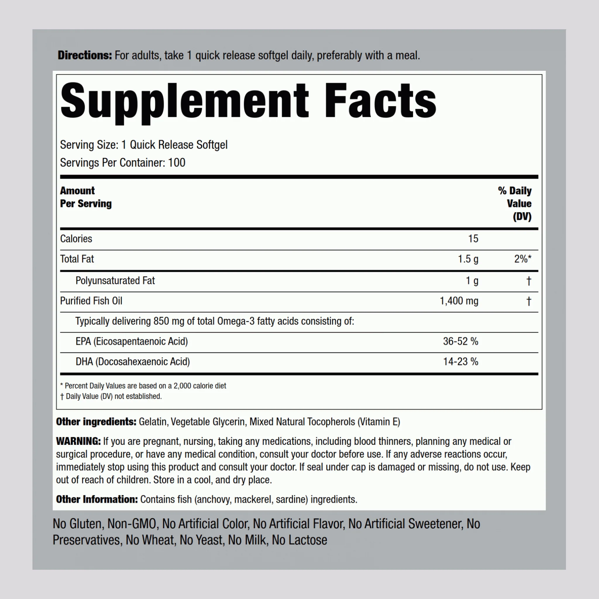 Triple Strength Omega-3 Fish Oil 1400 mg (850 mg Active Omega-3), 100 Quick Release Softgels - Image 2