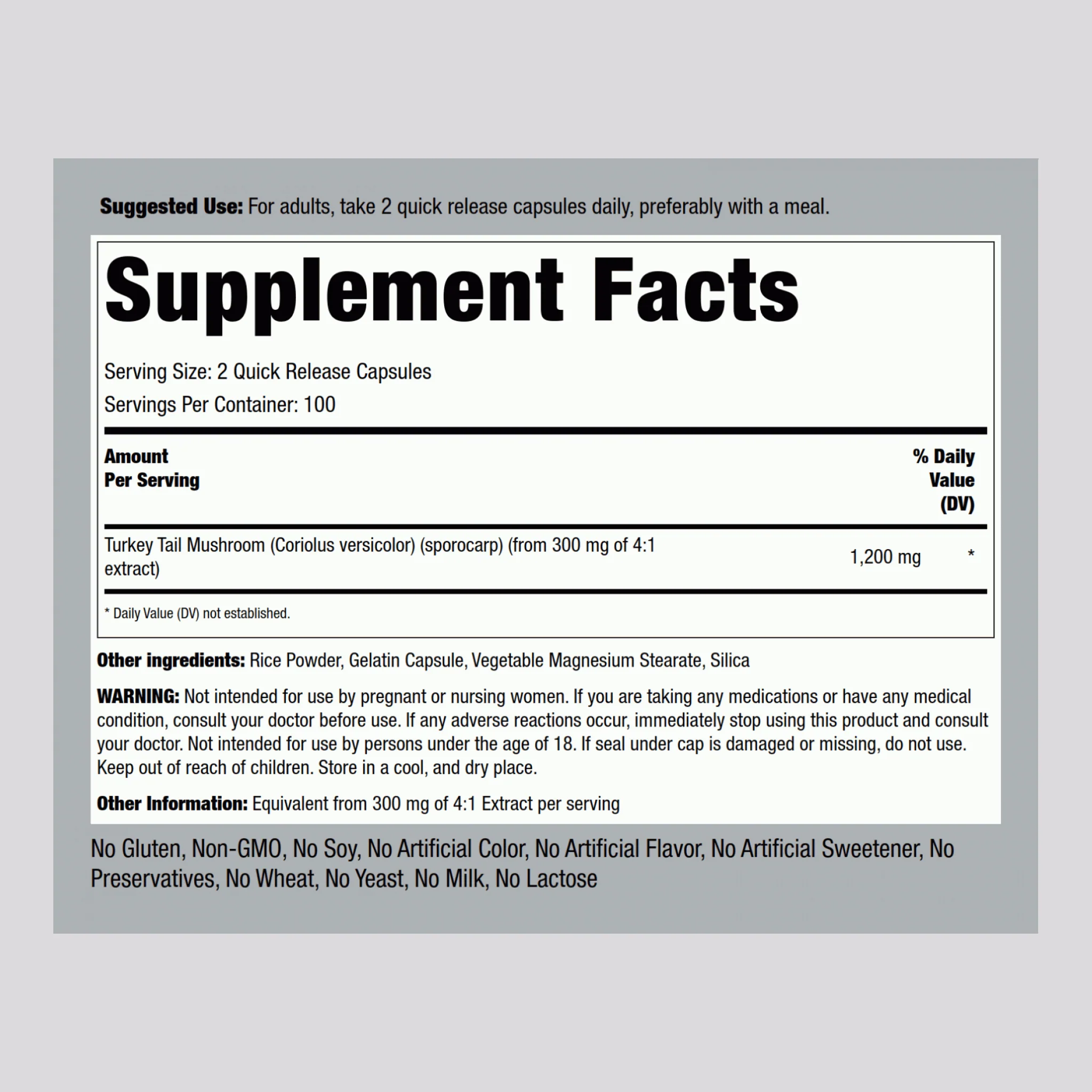 Turkey Tail Mushroom, 1200 mg (per serving), 200 Quick Release Capsules - Image 2
