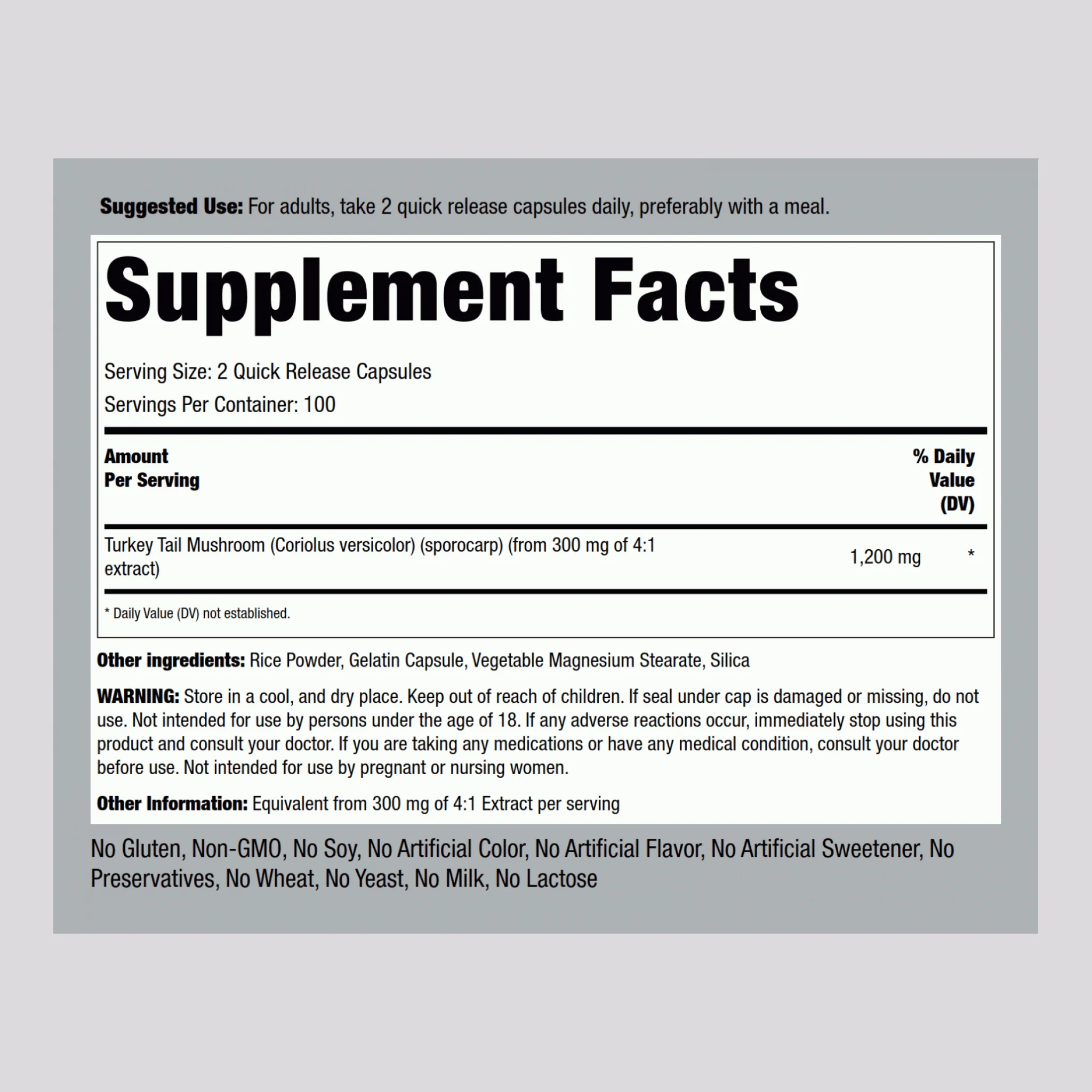 Turkey Tail Mushroom, 1200 mg (per serving), 200 Quick Release Capsules, 2  Bottles - Image 2