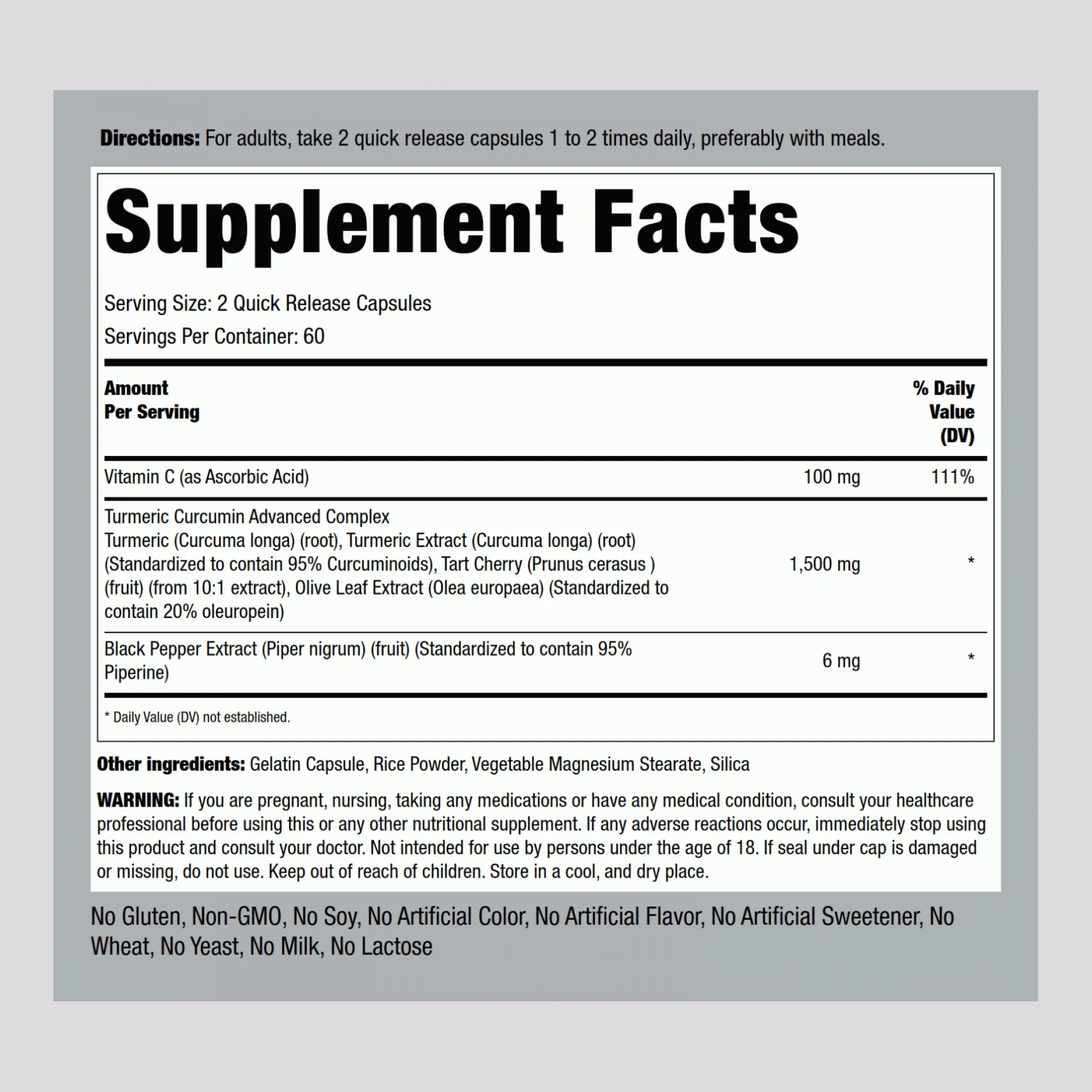 Turmeric Curcumin Standardized Advanced Complex, 120 Quick Release Capsules, 2  Bottles - Image 2