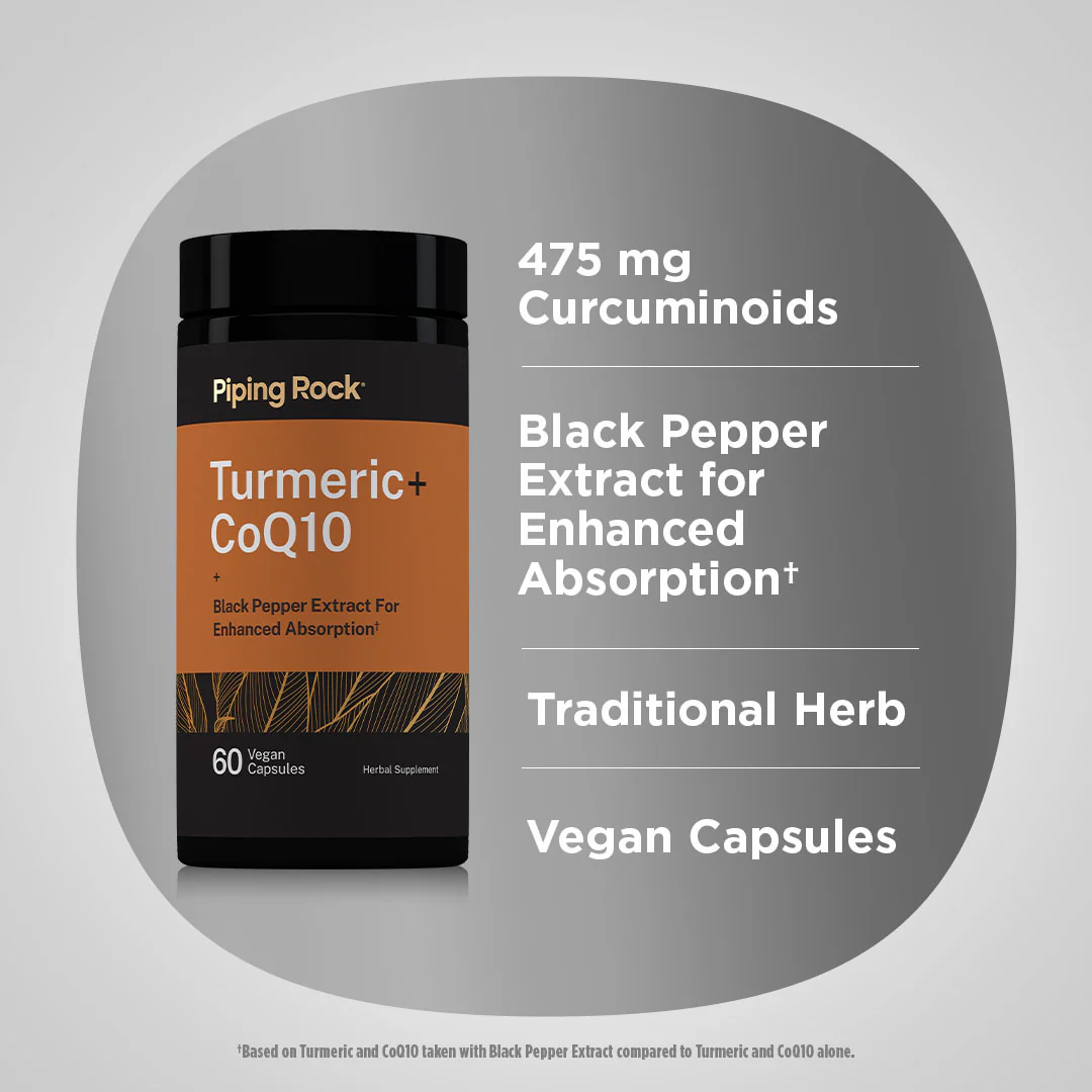 Turmeric plus CoQ10 w/ Black Pepper Extract, 60 Vegan Capsules - Image 3