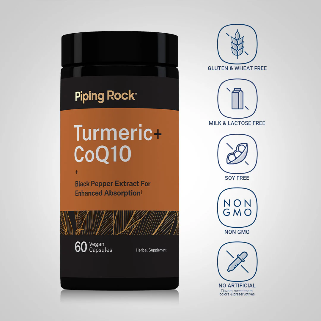 Turmeric plus CoQ10 w/ Black Pepper Extract, 60 Vegan Capsules, 2  Bottles - Image 4