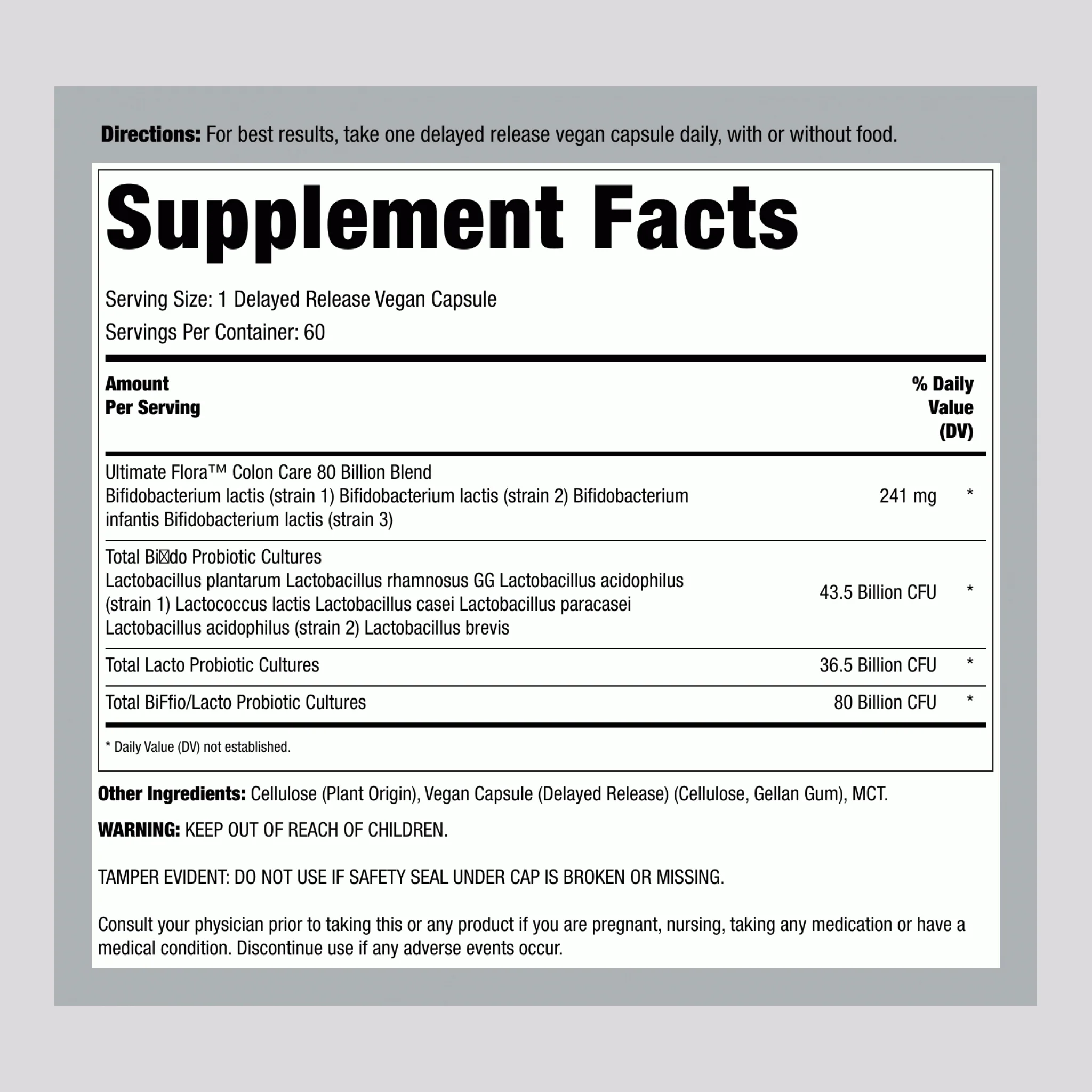 Ultimate Flora Colon Care Probiotic 80 Billion, 60 Delayed Release Vegan Caps - Image 2