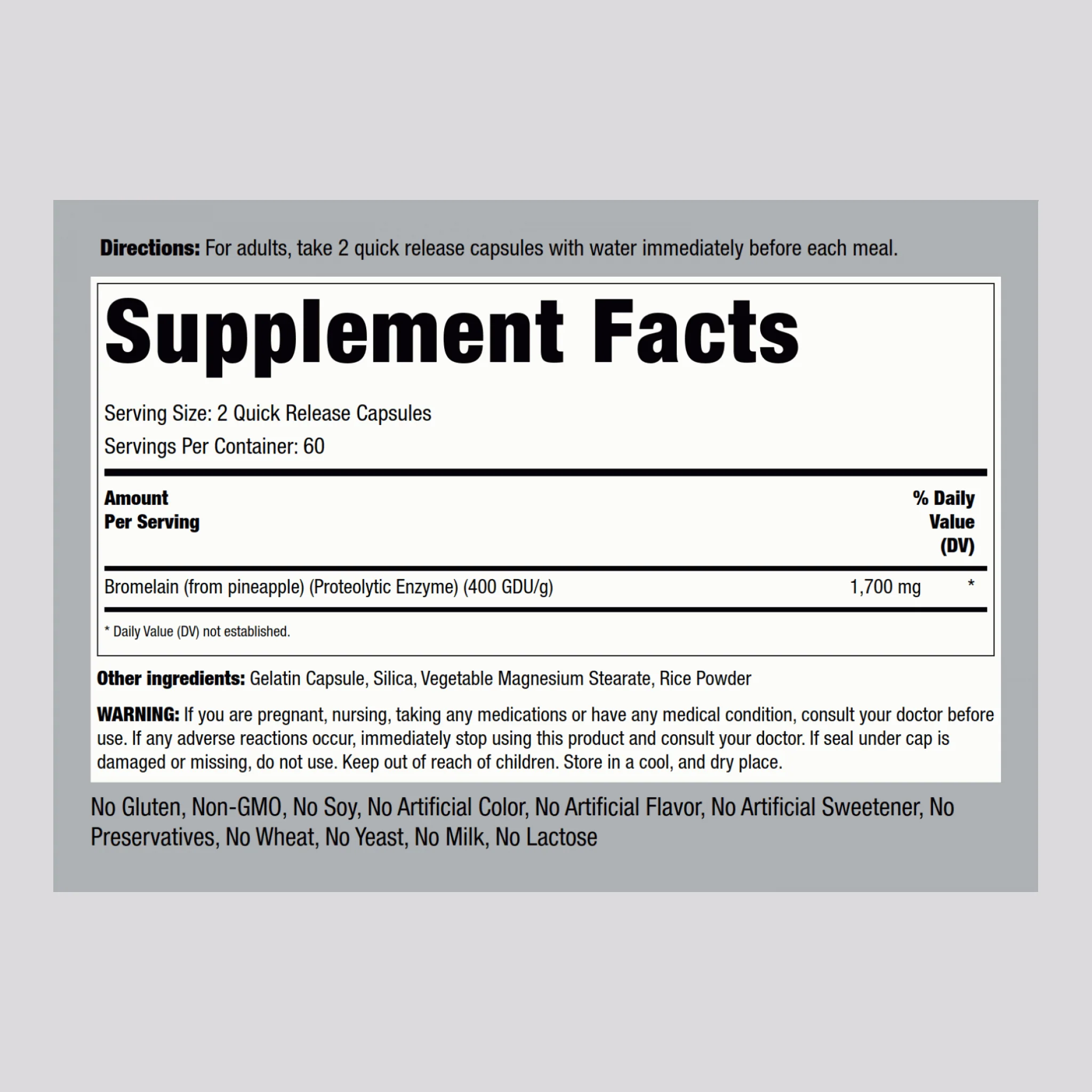 Ultra Strength Bromelain, 1700 mg (per serving), 120 Quick Release Capsules - Image 2