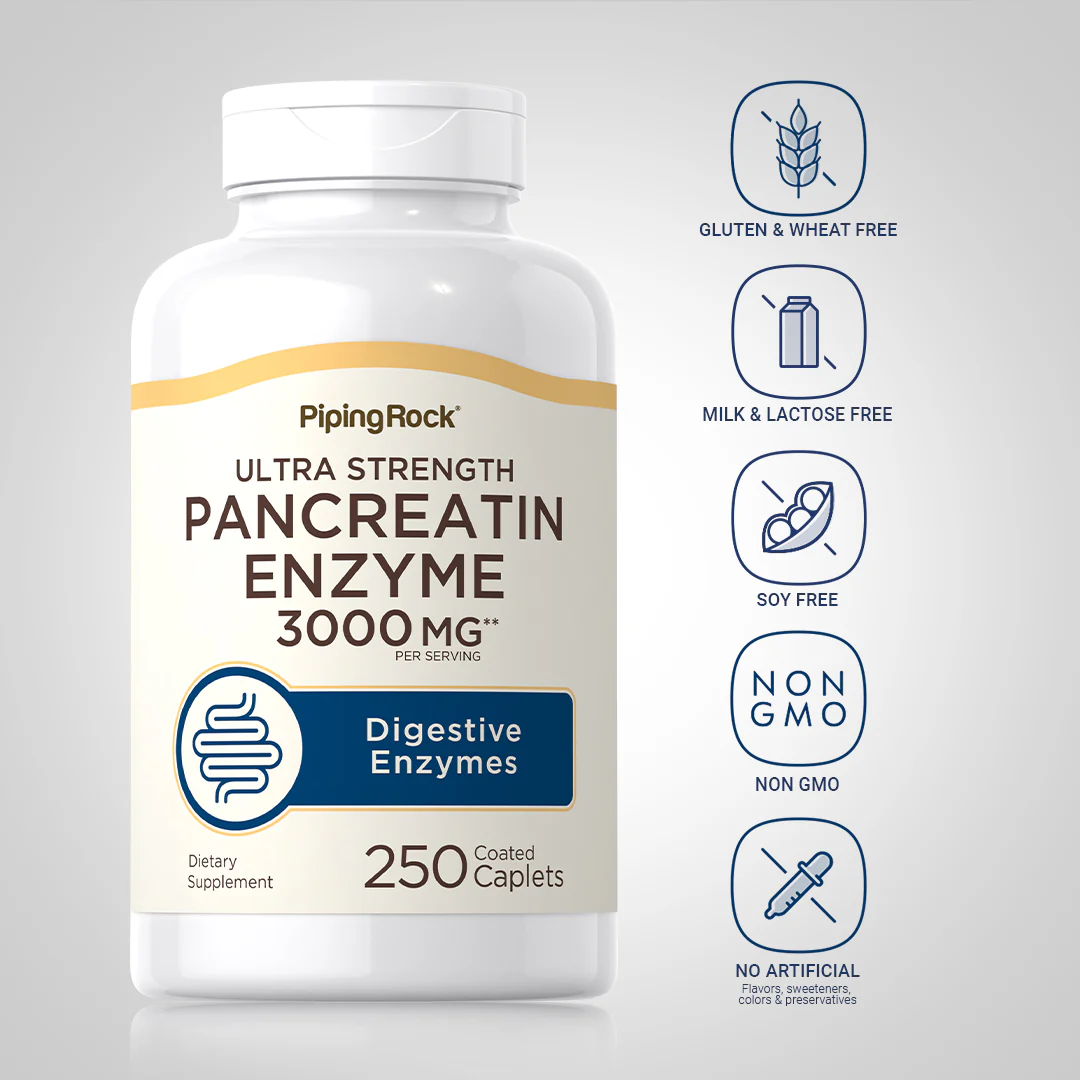 Ultra Strength Pancreatin Enzyme, 3000 mg (per serving), 250 Coated Caplets - Image 5